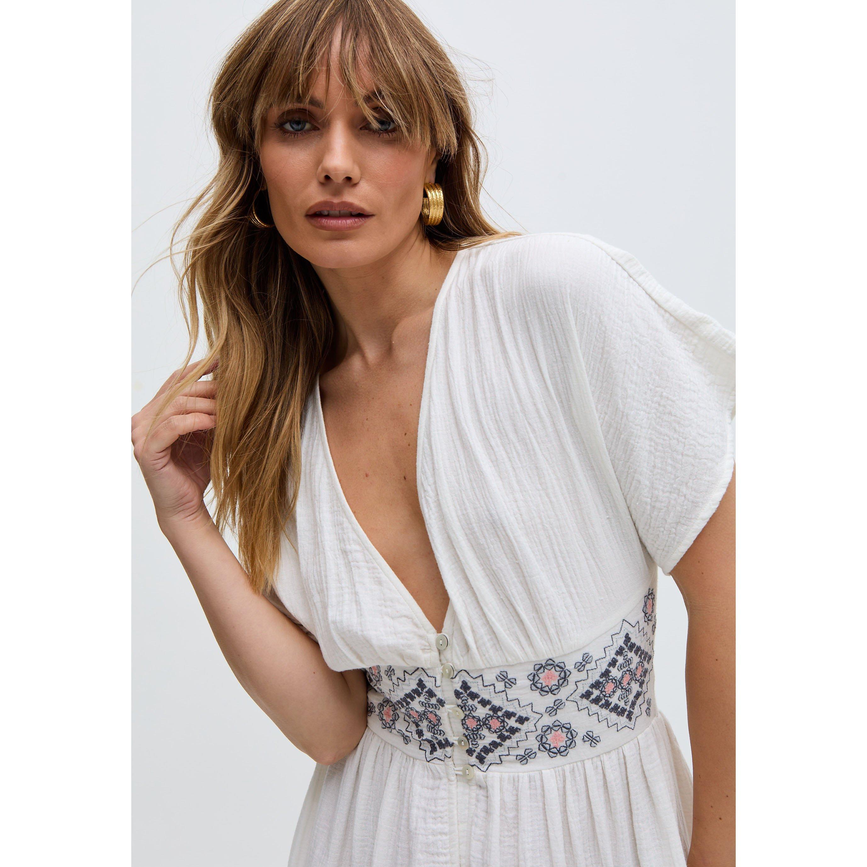 Ecru - Raffya - Sally Ann Button Down Embroidery Maxi Dress In White - 4