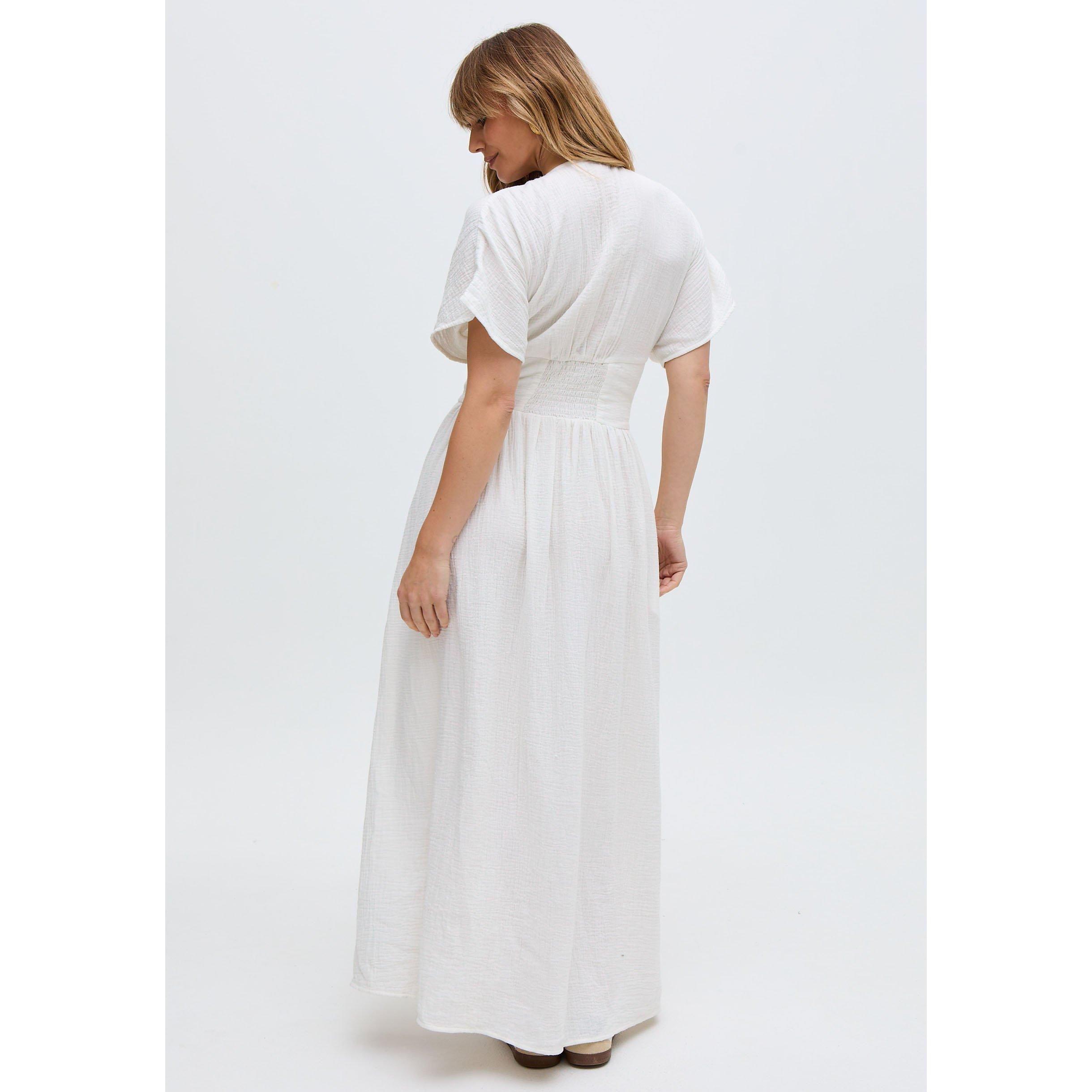 Ecru - Raffya - Sally Ann Button Down Embroidery Maxi Dress In White - 6