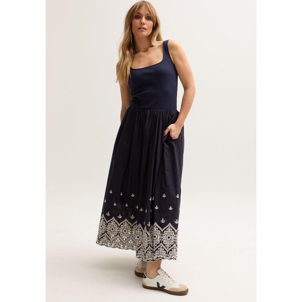 Navy - Lily and Lionel - Cora Sleeveless Jersey Bodice Embroidered Midi Dress In Navy - 1