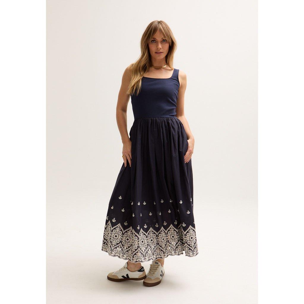 Navy - Lily and Lionel - Cora Sleeveless Jersey Bodice Embroidered Midi Dress In Navy - 2