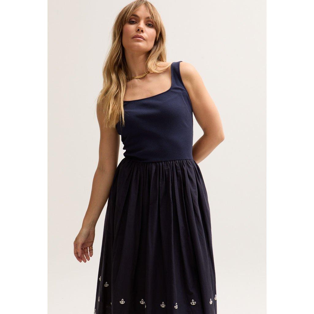 Navy - Lily and Lionel - Cora Sleeveless Jersey Bodice Embroidered Midi Dress In Navy - 3