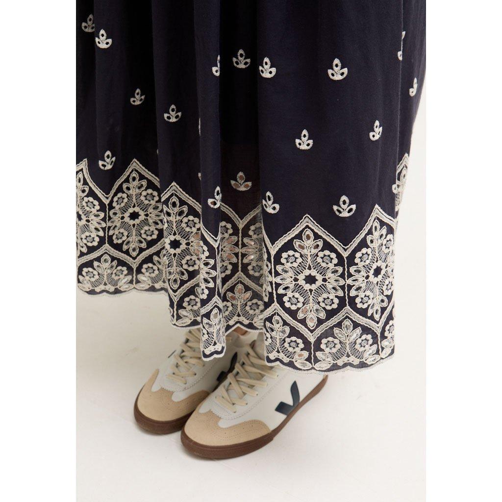 Navy - Lily and Lionel - Cora Sleeveless Jersey Bodice Embroidered Midi Dress In Navy - 4