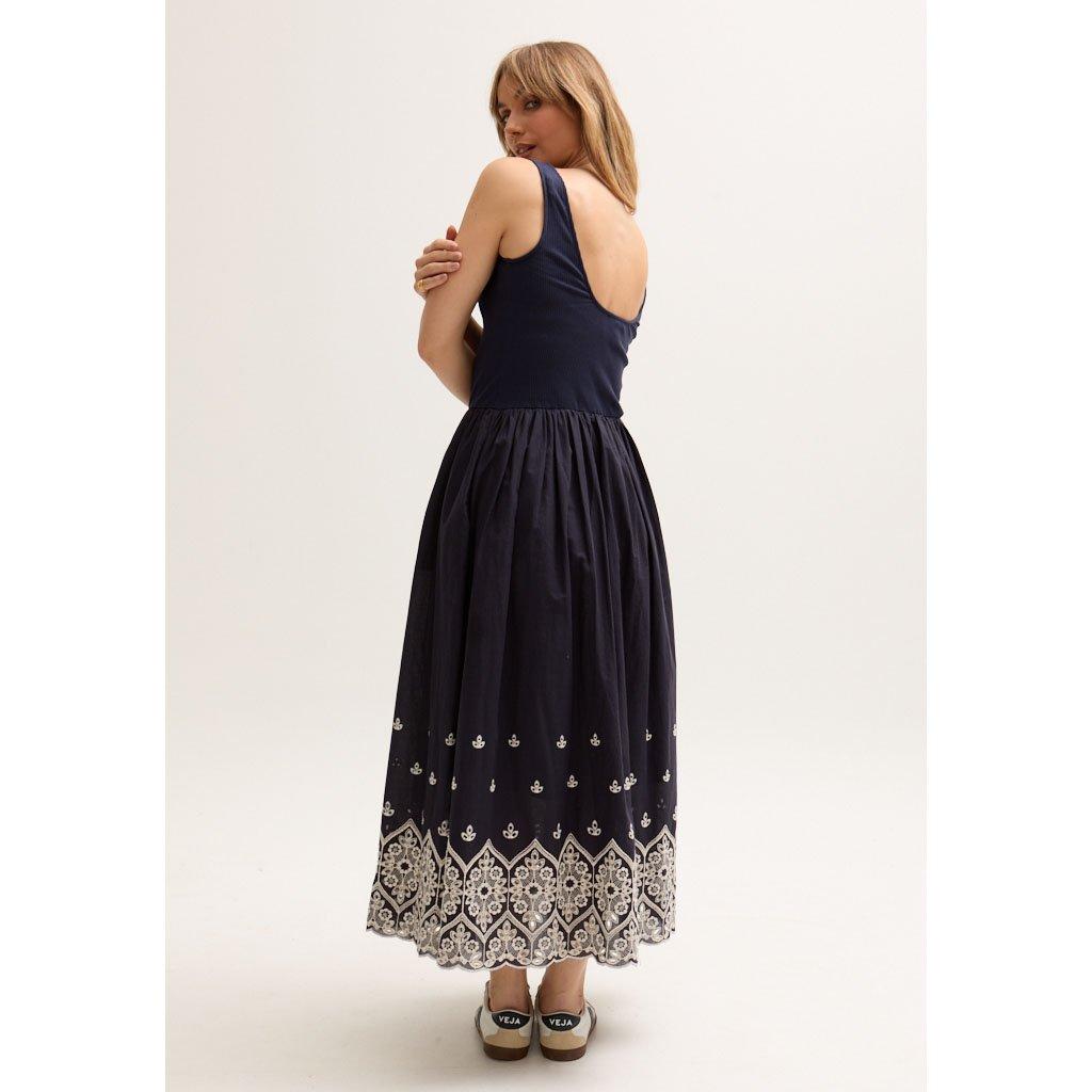 Navy - Lily and Lionel - Cora Sleeveless Jersey Bodice Embroidered Midi Dress In Navy - 5
