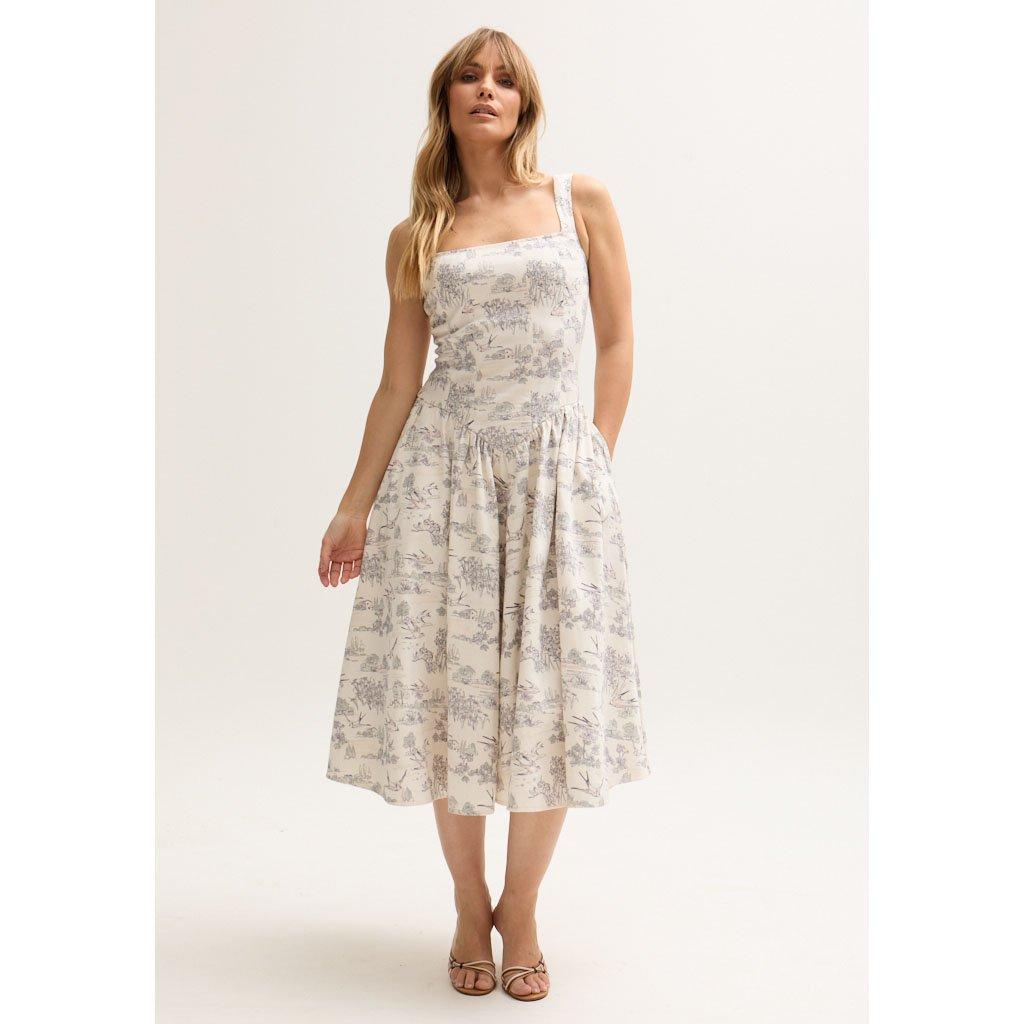 Neutral - Lily and Lionel - Hayley Corset Inspired Josephine Print Midi Dress In Cream - 2