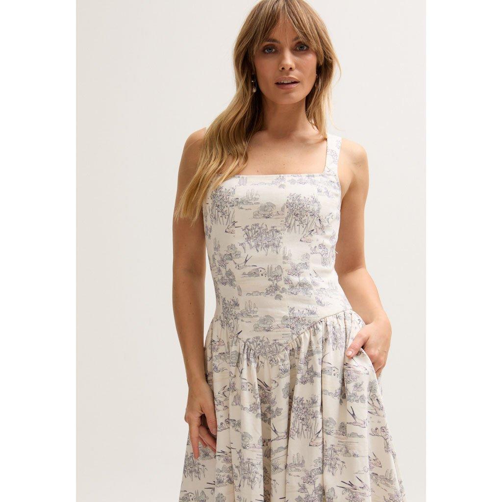 Neutral - Lily and Lionel - Hayley Corset Inspired Josephine Print Midi Dress In Cream - 3