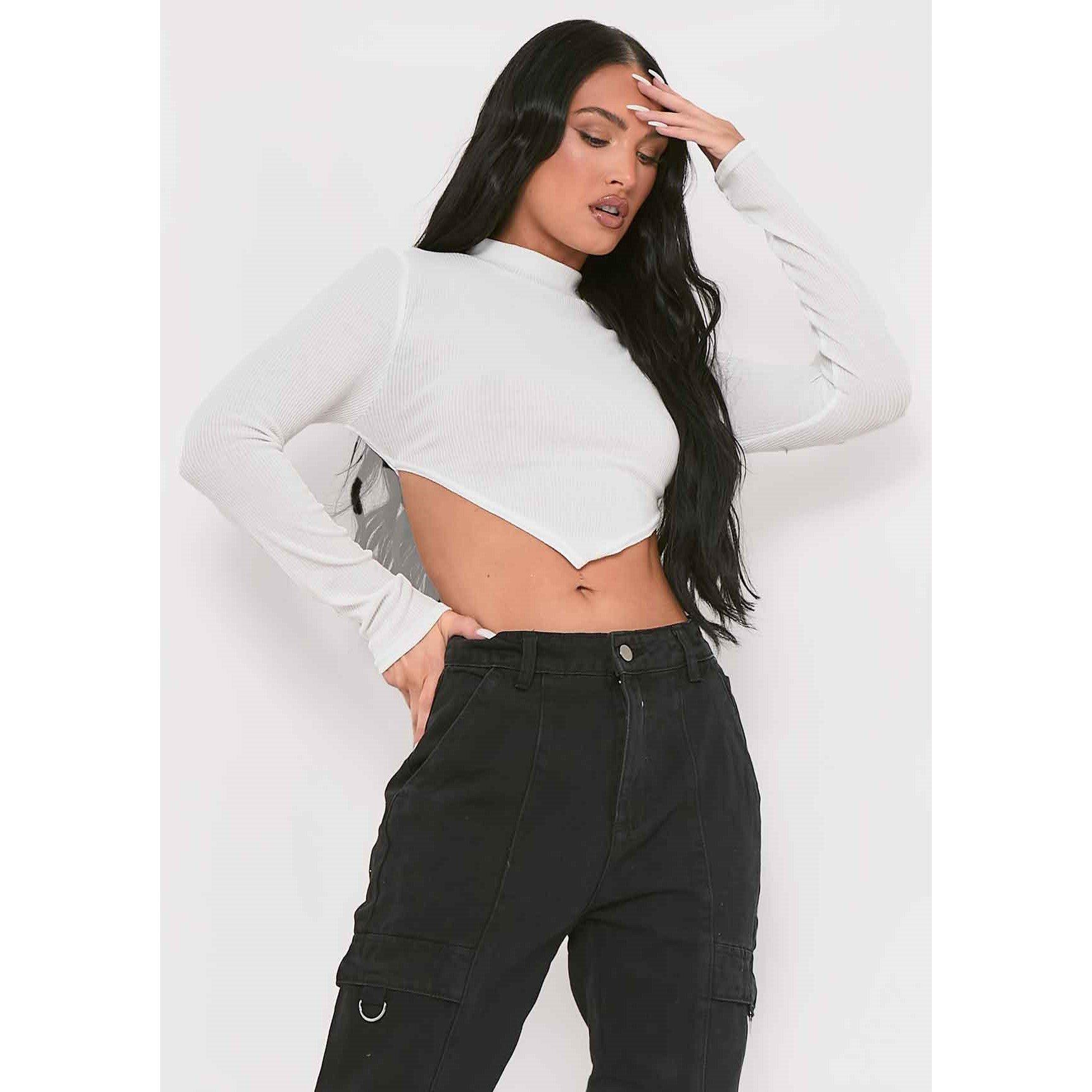 Missy Empire Women's Ribbed High Neck Tie Back Crop Top - White - 14 (L)
