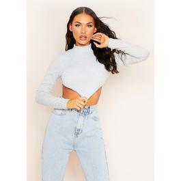 Missy Empire Ribbed High Neck Tie Back Crop Top