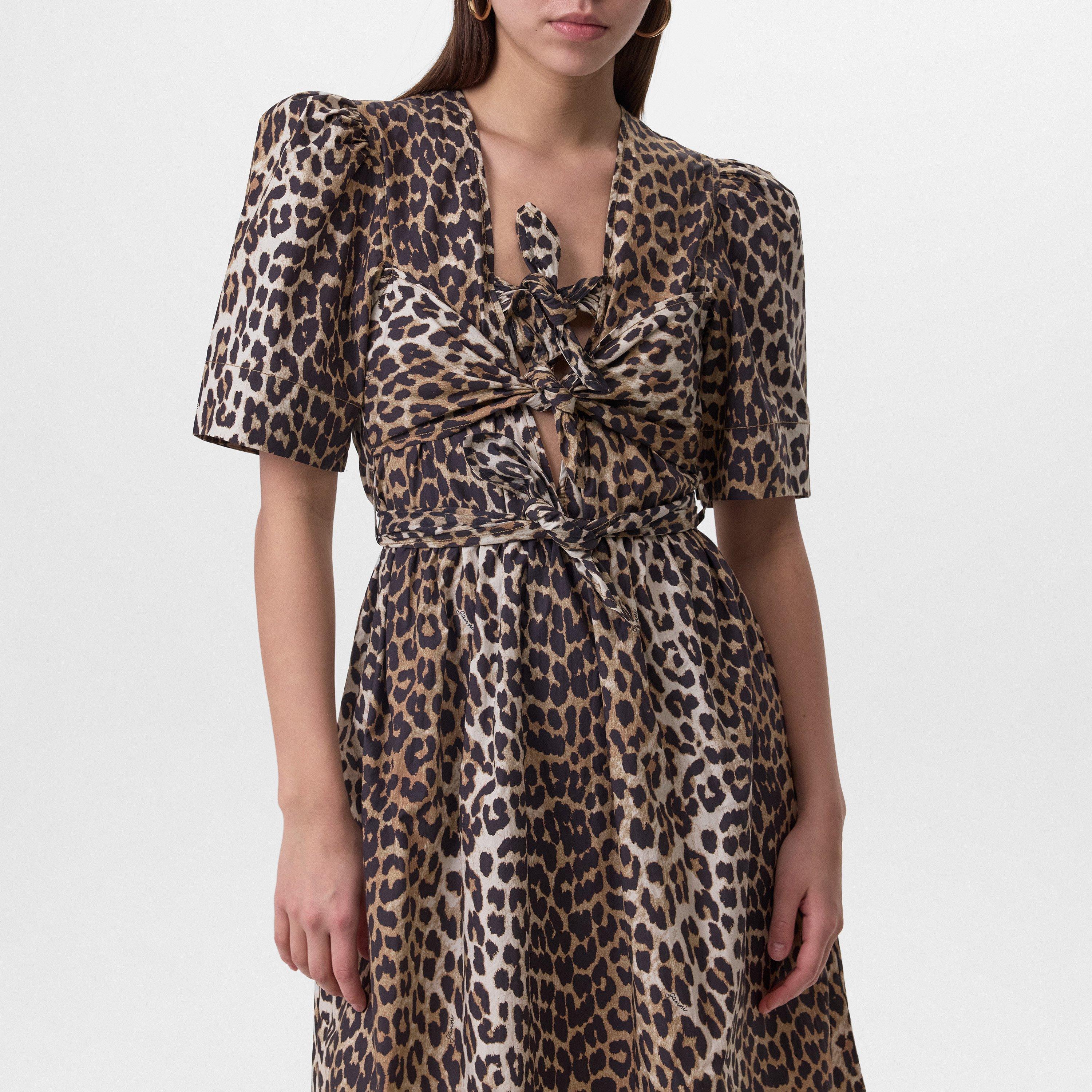 Leopard - Ganni - Women's Tie Midi Tea Dress - 3