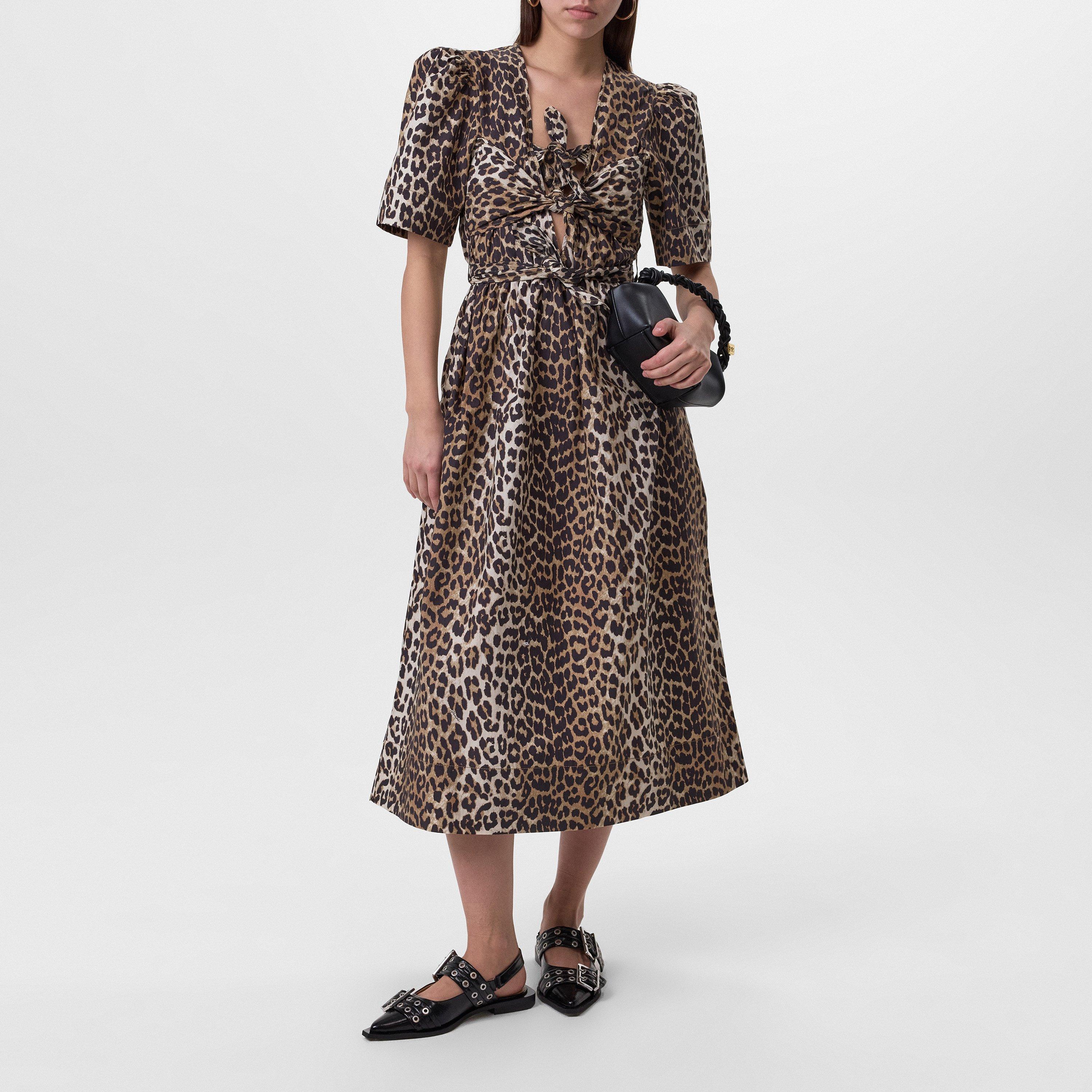 Leopard - Ganni - Women's Tie Midi Tea Dress - 6