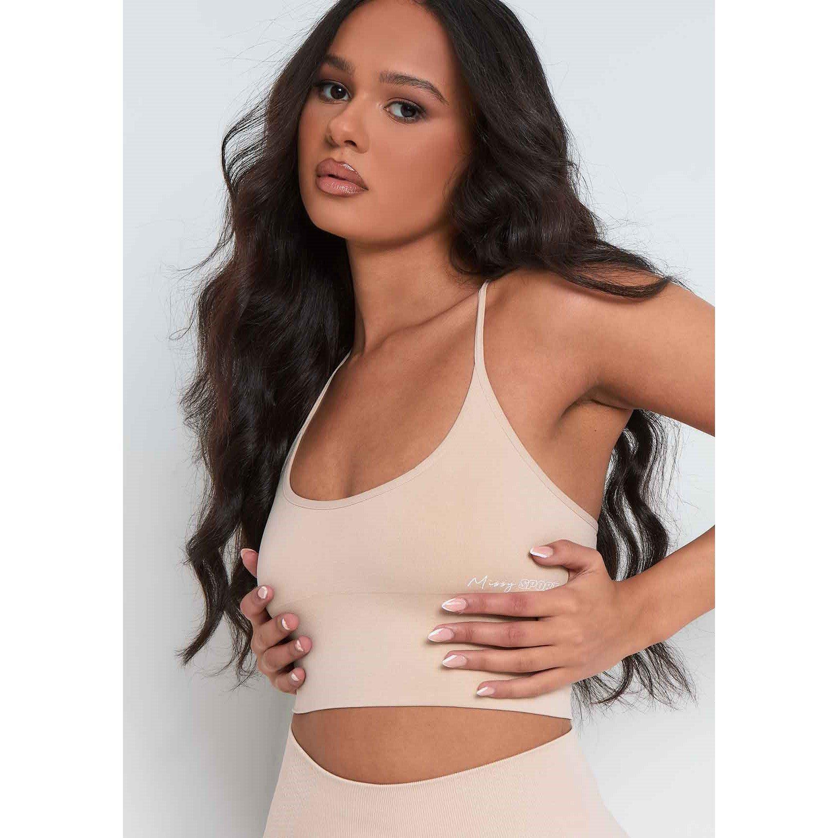 Missy Empire Women's Missy Sport Cross Strap Seamless Gym Crop Top - Stone - 6 (2XS)