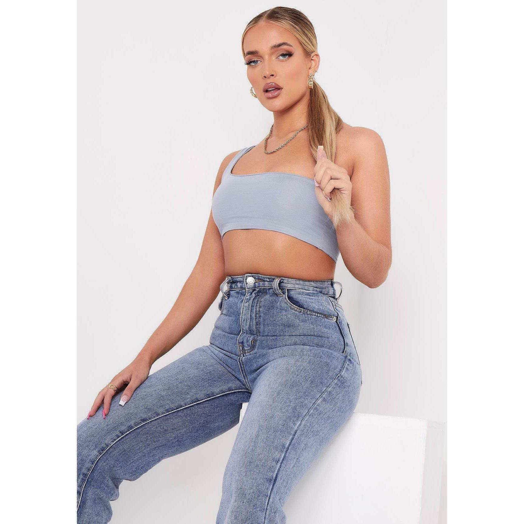 Blue - Missy Empire - Double Thick One Shoulder Crop Top