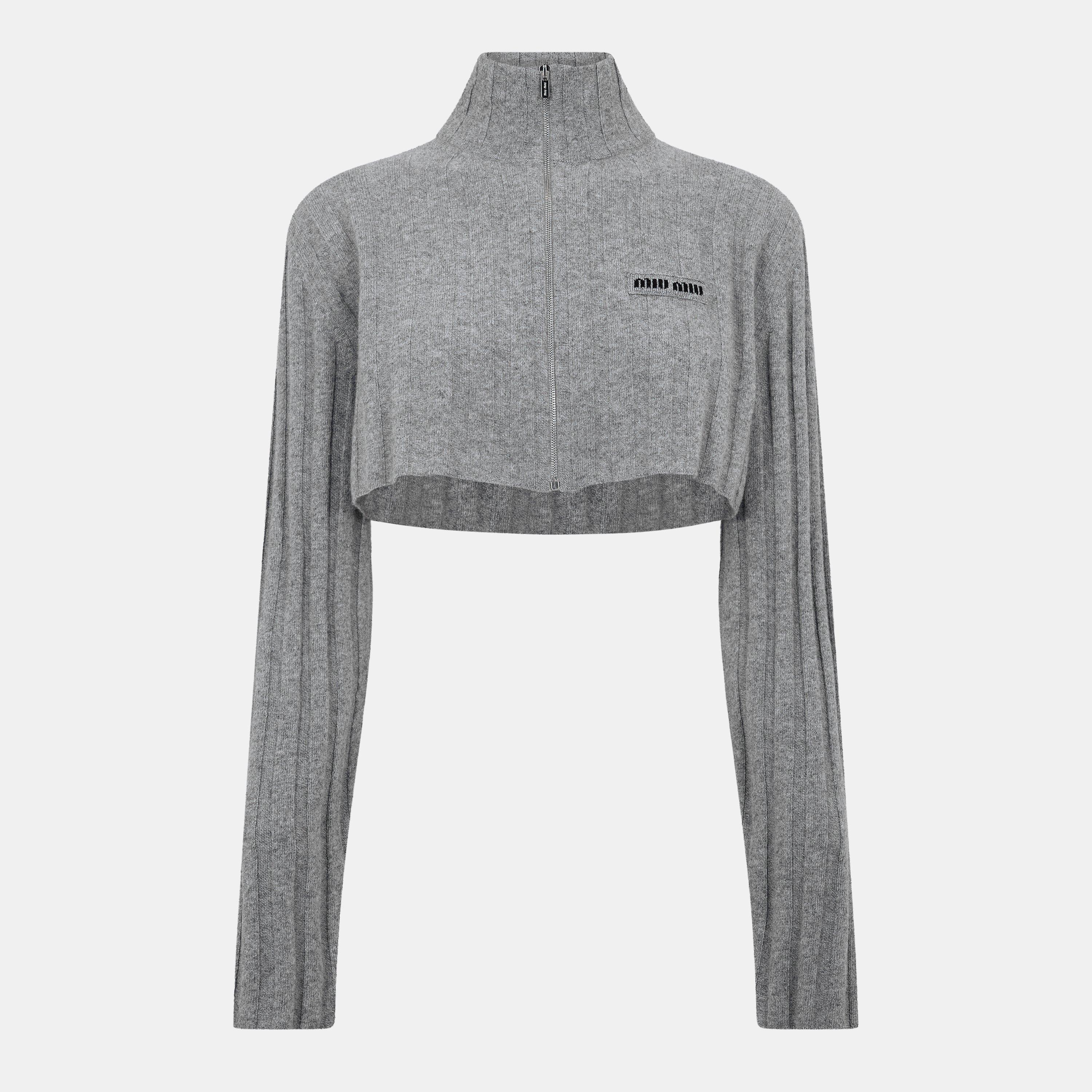 Grigio - Miu Miu - Women's Quarter Zip Cropped Sweatshirt - 1