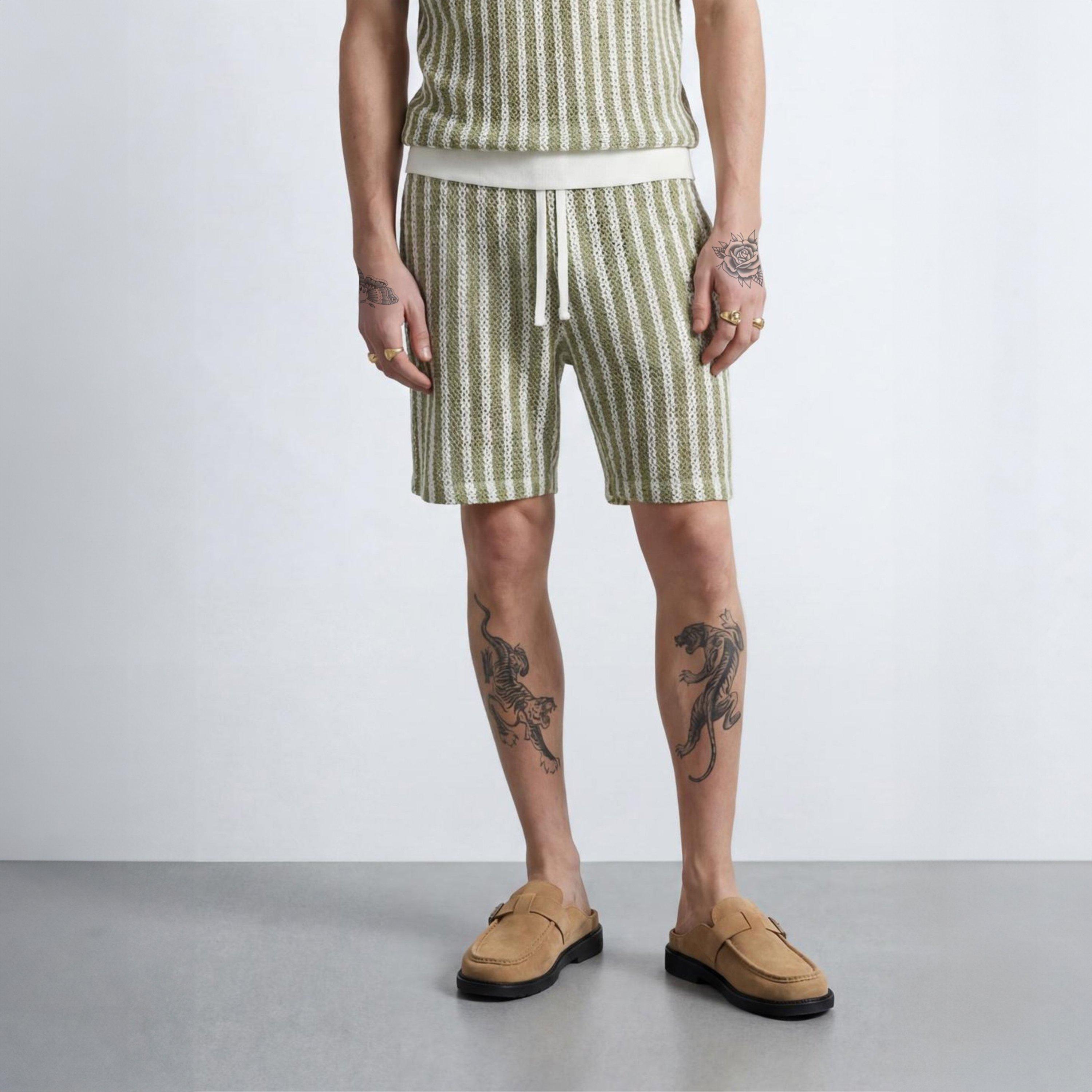 Cream/Khaki - Twisted Tailor - Albie Green & Cream Stripe Cotton Crochet Shorts - 3