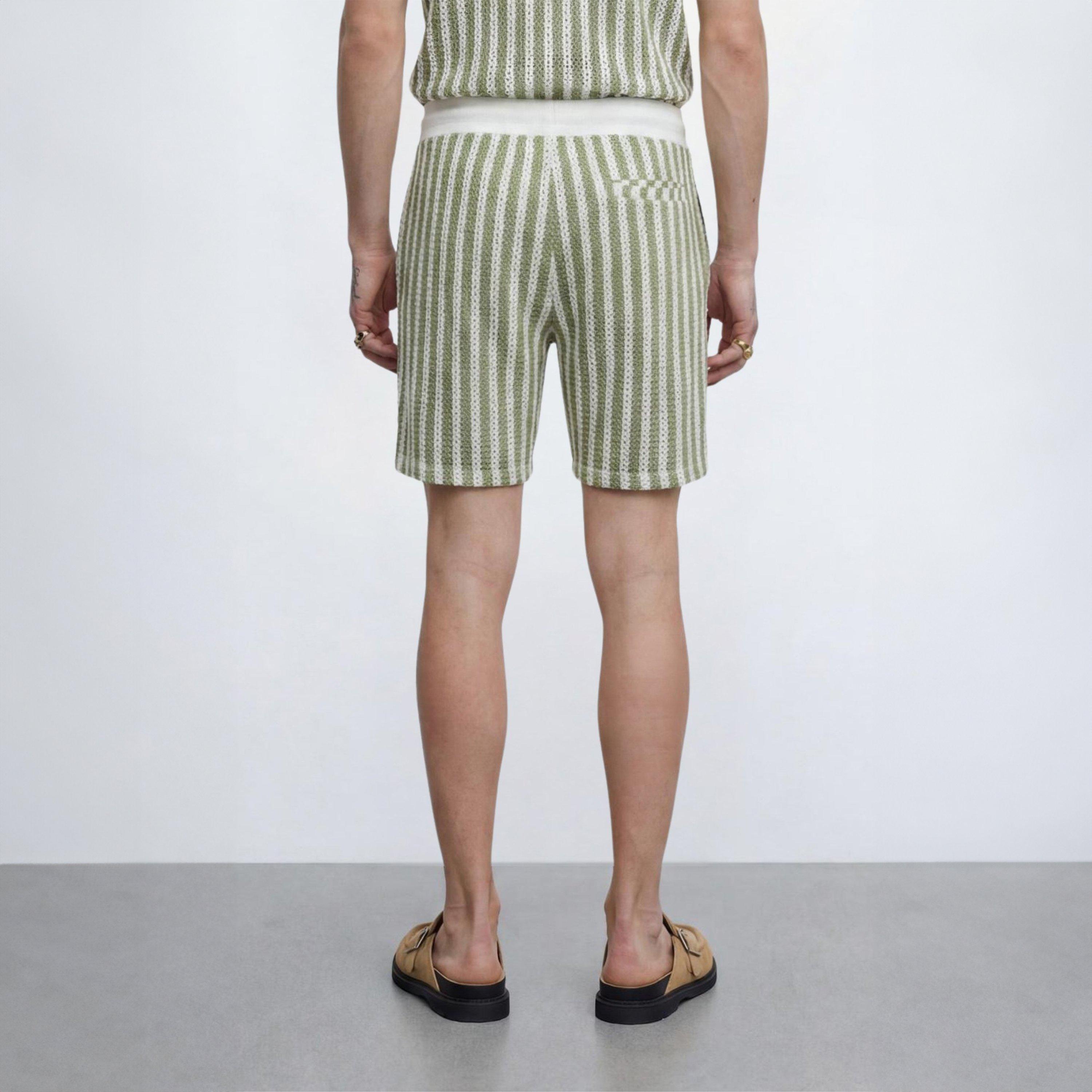 Cream/Khaki - Twisted Tailor - Albie Green & Cream Stripe Cotton Crochet Shorts - 4