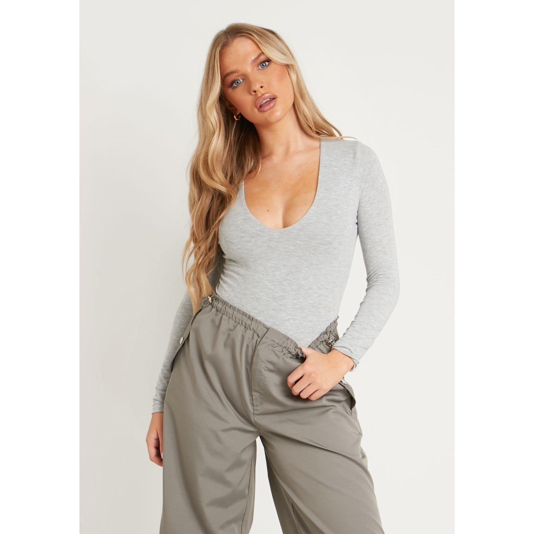 Grey - Missy Empire - Long Sleeve Plunge Bodysuit