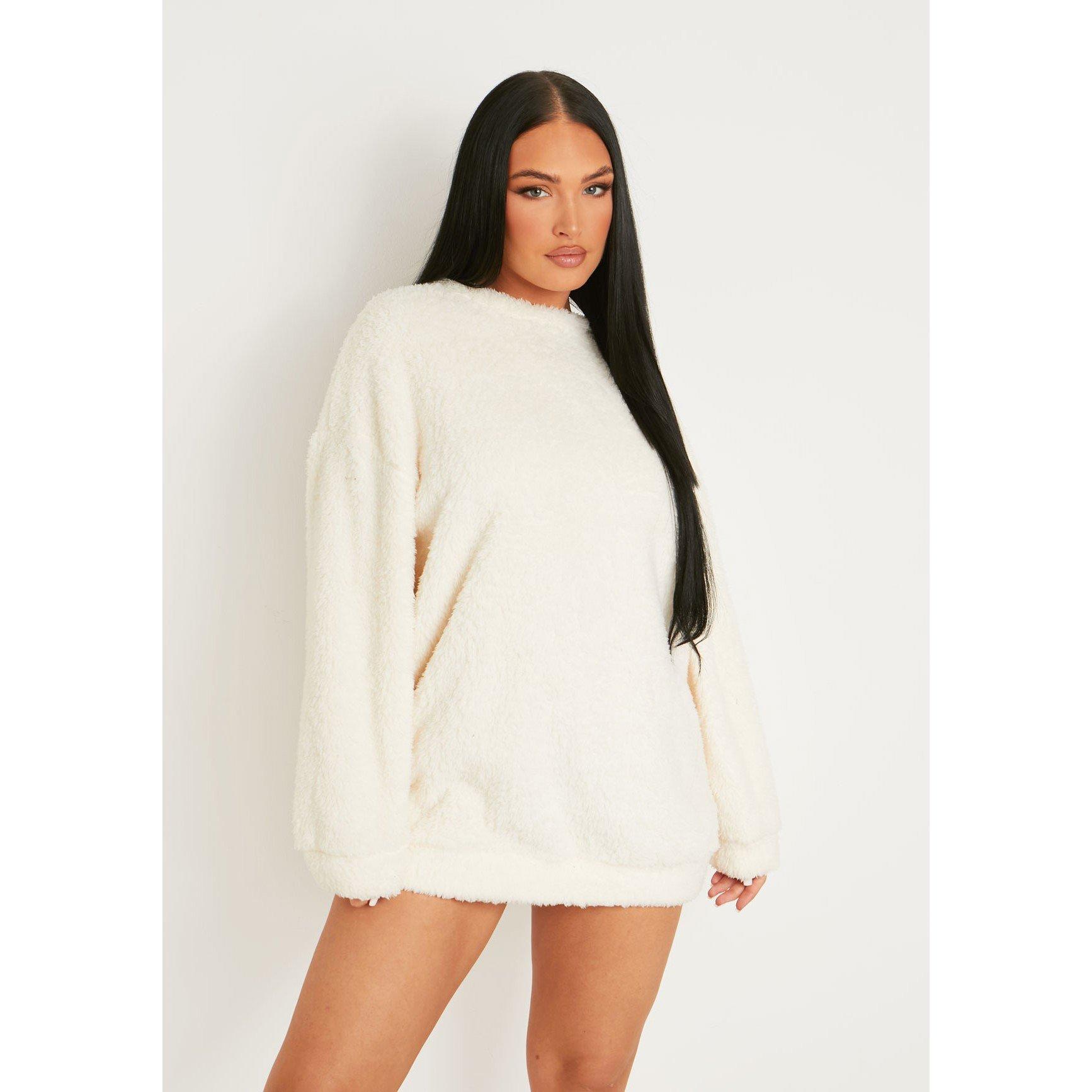 Cream - Missy Empire - Fluffy Borg V Back Jumper Dress