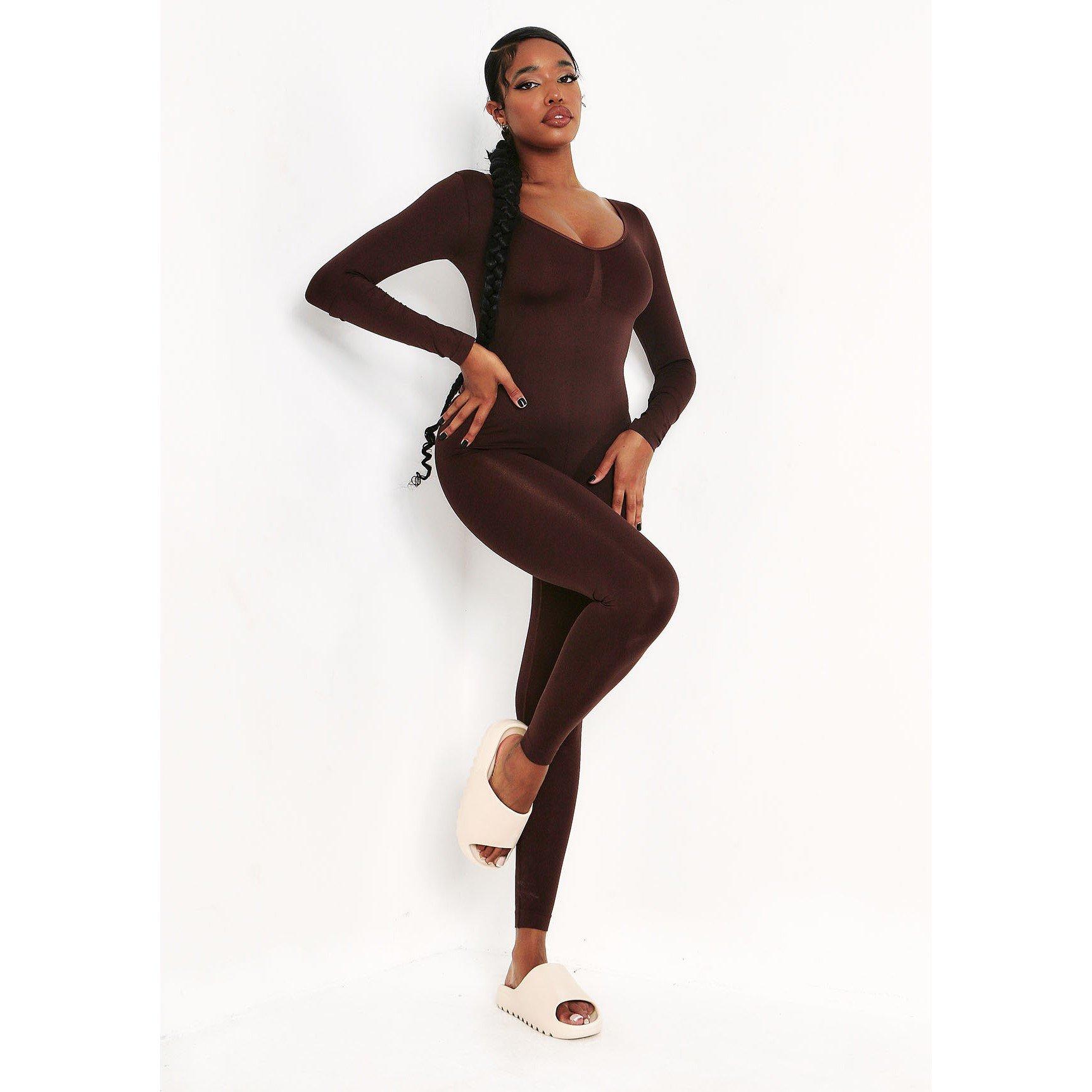 Chocolate - Missy Empire - Seamless Long Sleeve Plunge Jumpsuit