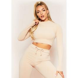 Missy Empire Ribbed High Neck Tie Back Long Sleeve Crop Top