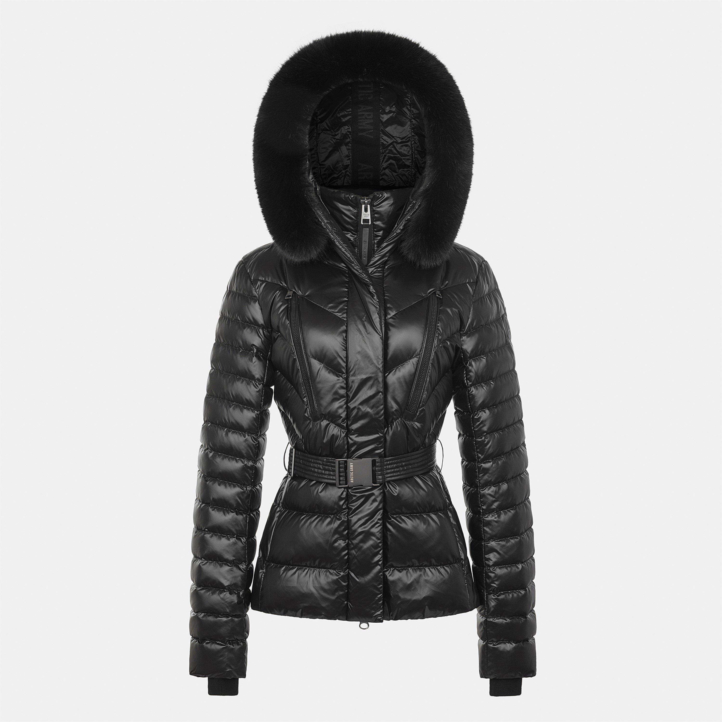 Black - Arctic Army - Women's Aurora Belted Hooded Long Sleeve Short Puffer Jacket - 1