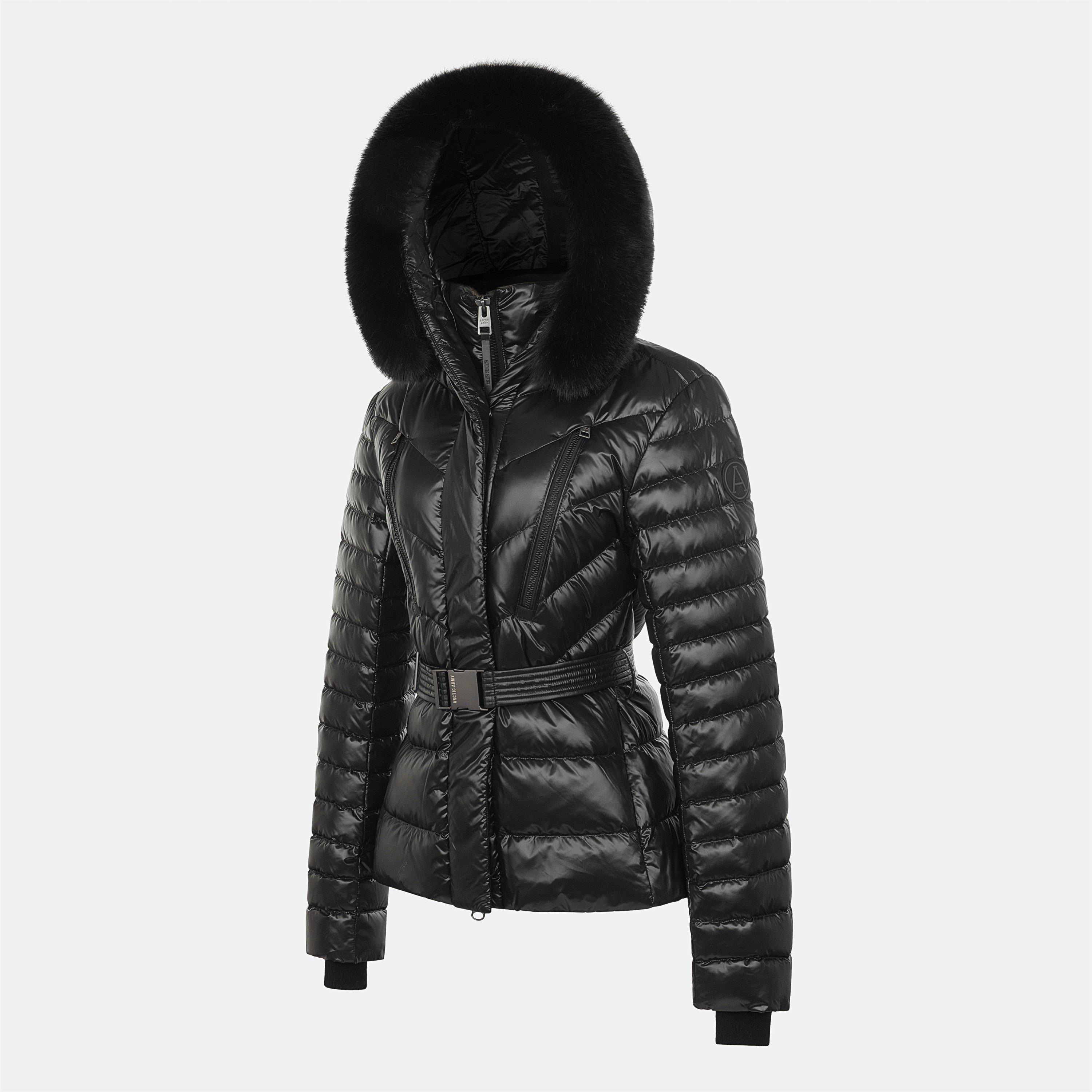 Black - Arctic Army - Women's Aurora Belted Hooded Long Sleeve Short Puffer Jacket - 3