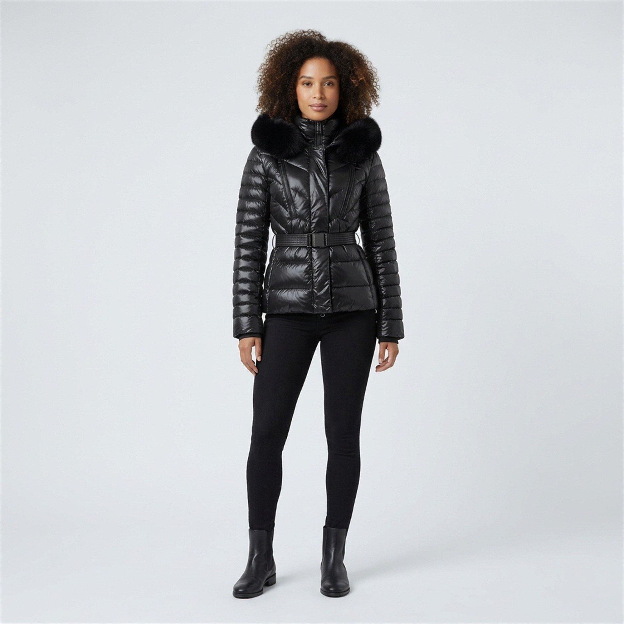 Black - Arctic Army - Women's Aurora Belted Hooded Long Sleeve Short Puffer Jacket - 7