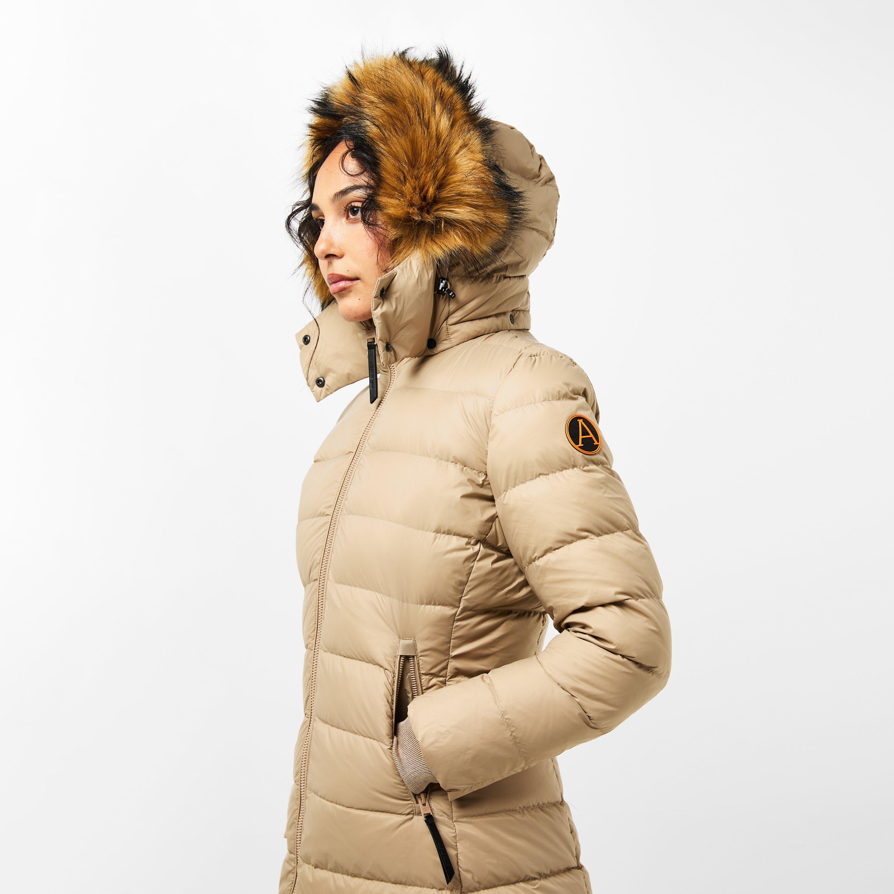 Camel - Arctic Army - Women's Water Resistant Detachable Hood Calf Length Long Puffer Jacket - 5