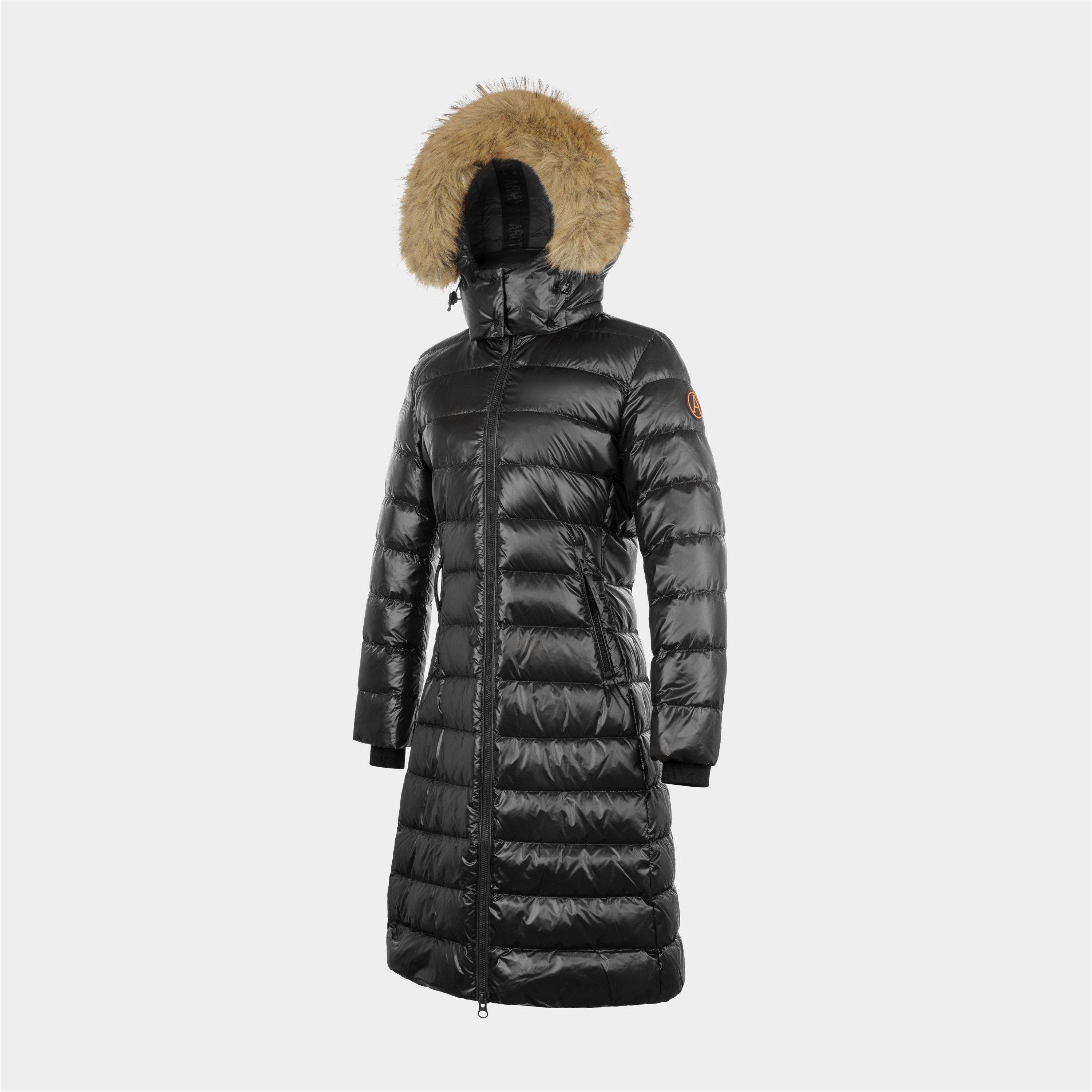 Schwarz - Arctic Army - Women's Arctic Long Puffer Water Resistant Detachable Hood Calf Length Jacket - 3
