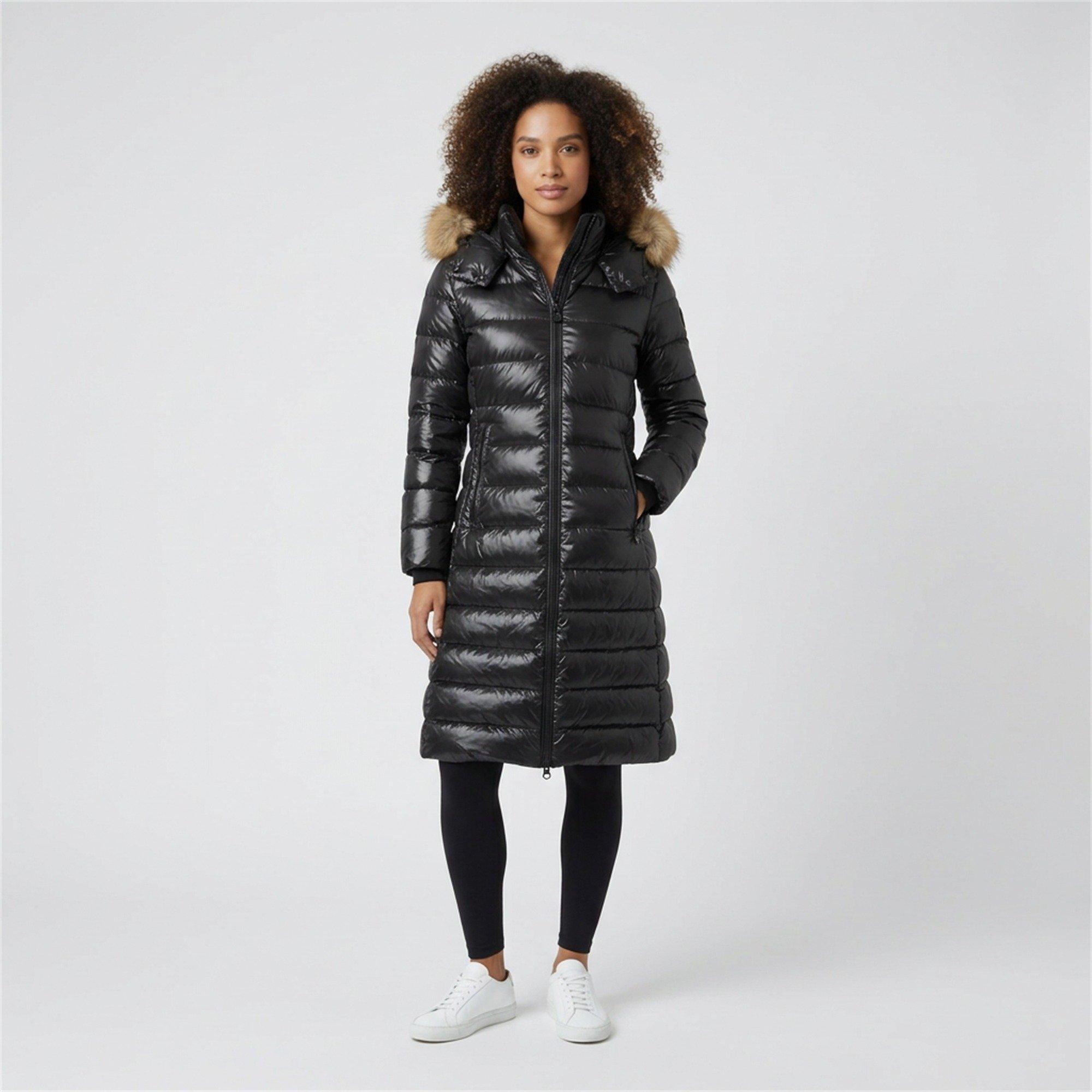 Black - Arctic Army - Womens Long Puffer Water Resistant Detachable Hood Calf Length Jacket - 7