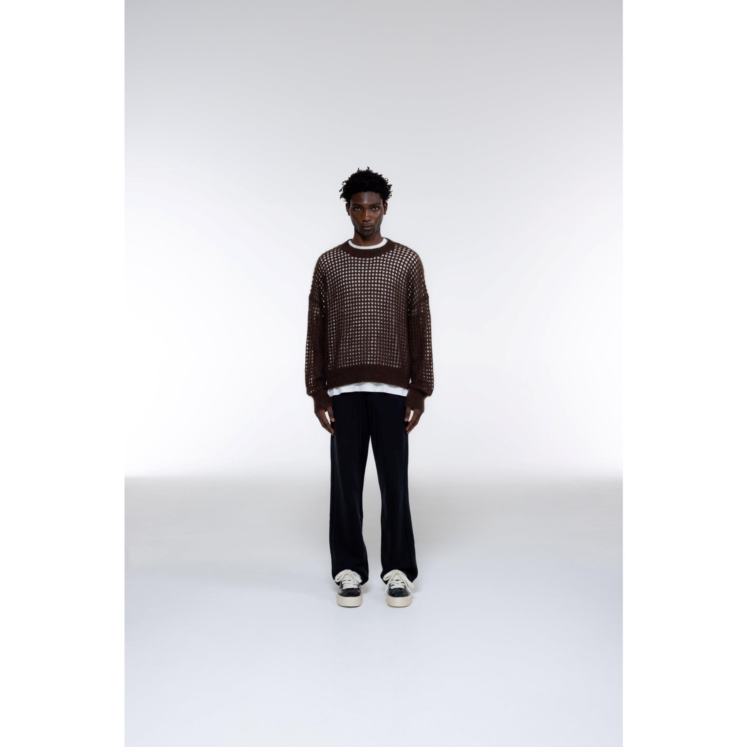 Brown - Cole Buxton - Men's Merino Wool Open Weave Knit Crew-Neck Jumper - 4