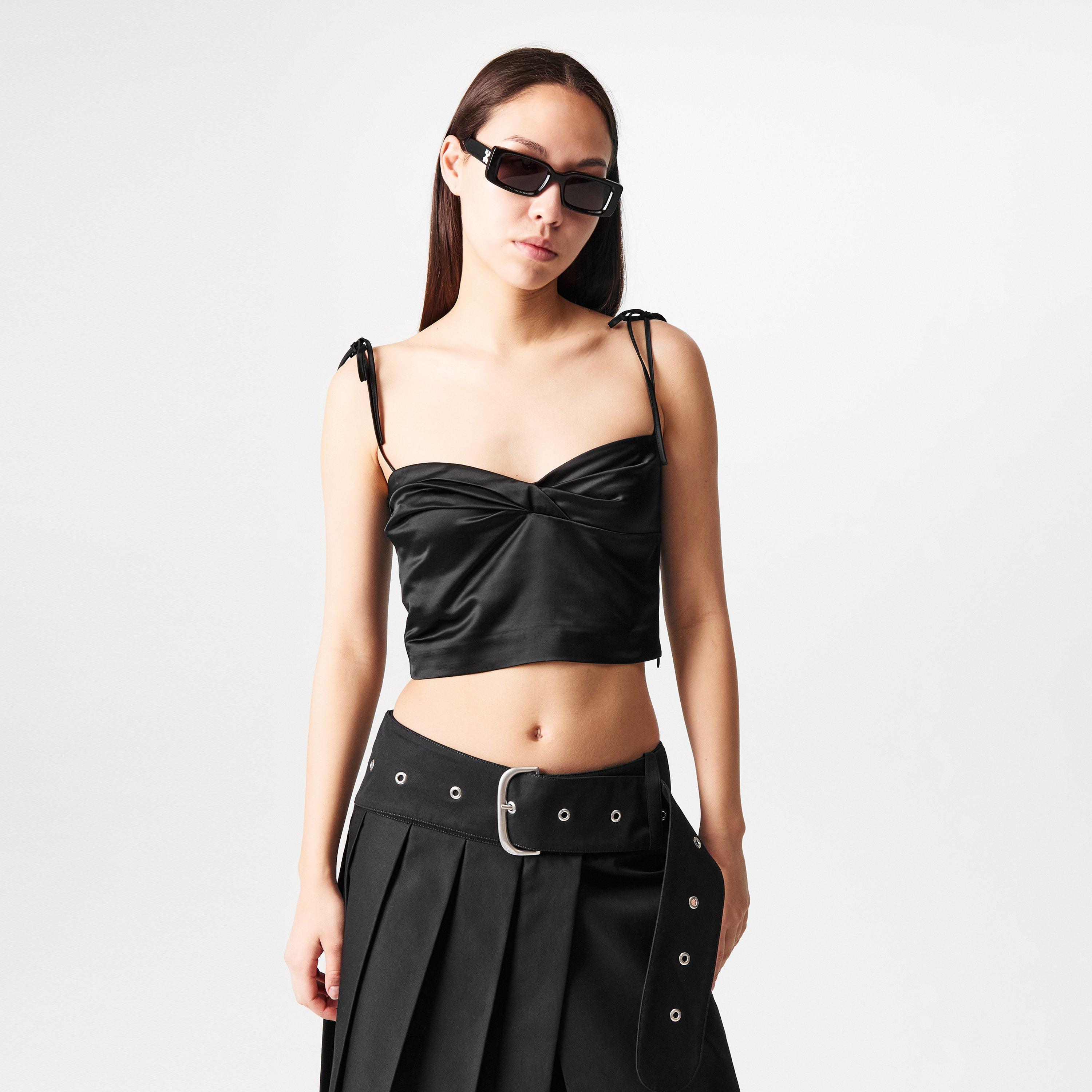 Black - Off White - Women's Satin Twist T-Design Top - 3