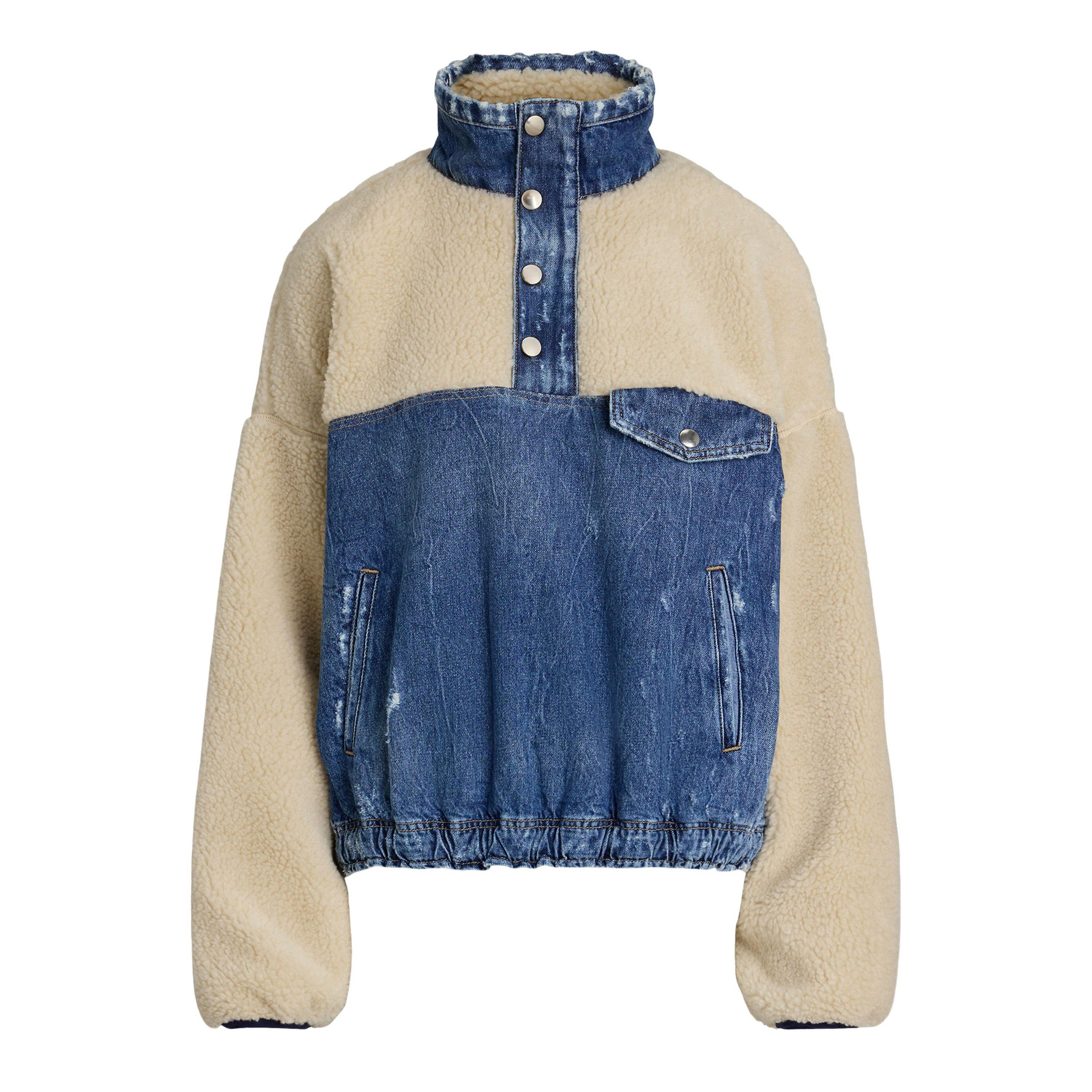CUSI WASH - Polo Ralph Lauren - Women's Fleece and Denim Funnel Neck Long Sleeve Oversized Fit Sherpa Jacket - 1