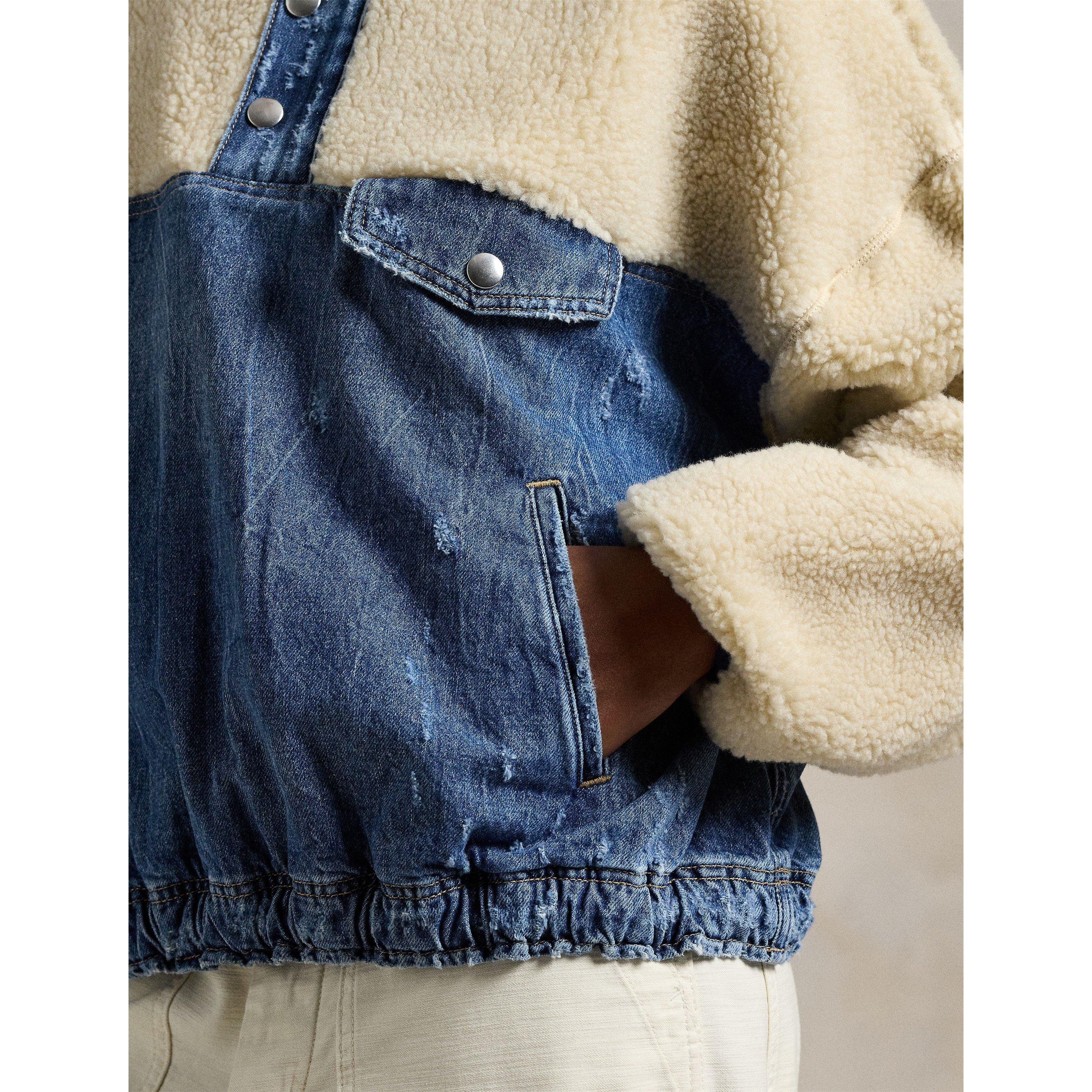 CUSI WASH - Polo Ralph Lauren - Women's Fleece and Denim Funnel Neck Long Sleeve Oversized Fit Sherpa Jacket - 4