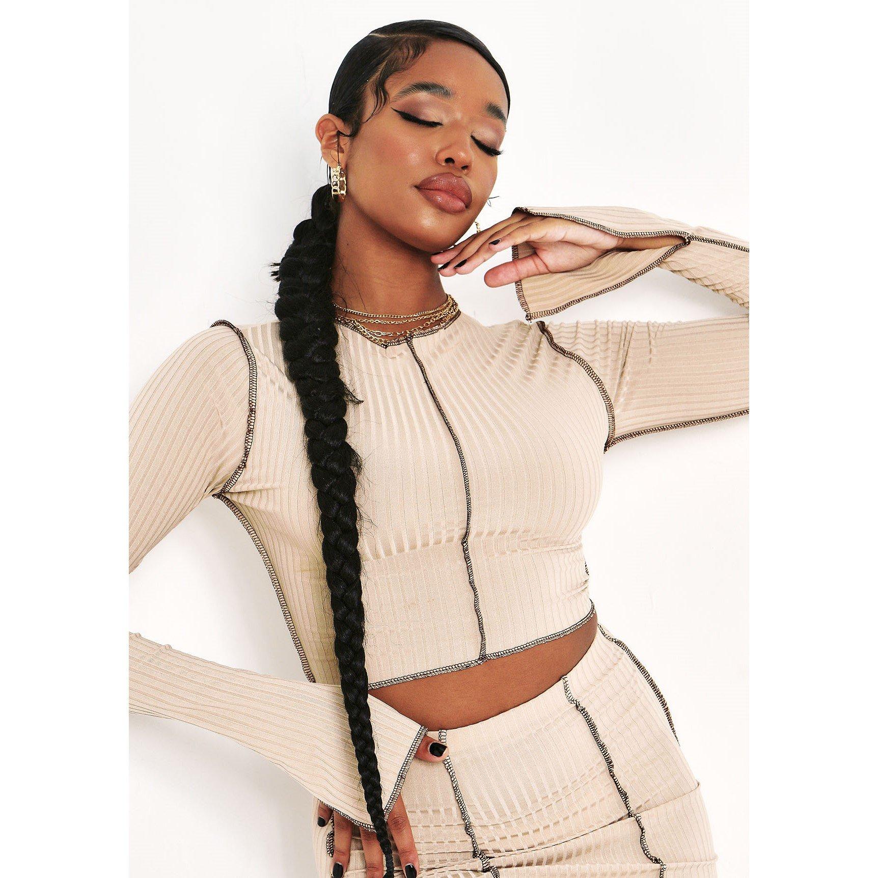 Missy Empire Women's Contrast Stitch Slit Sleeve Ribbed Crop Top - Stone - 4 (3XS)