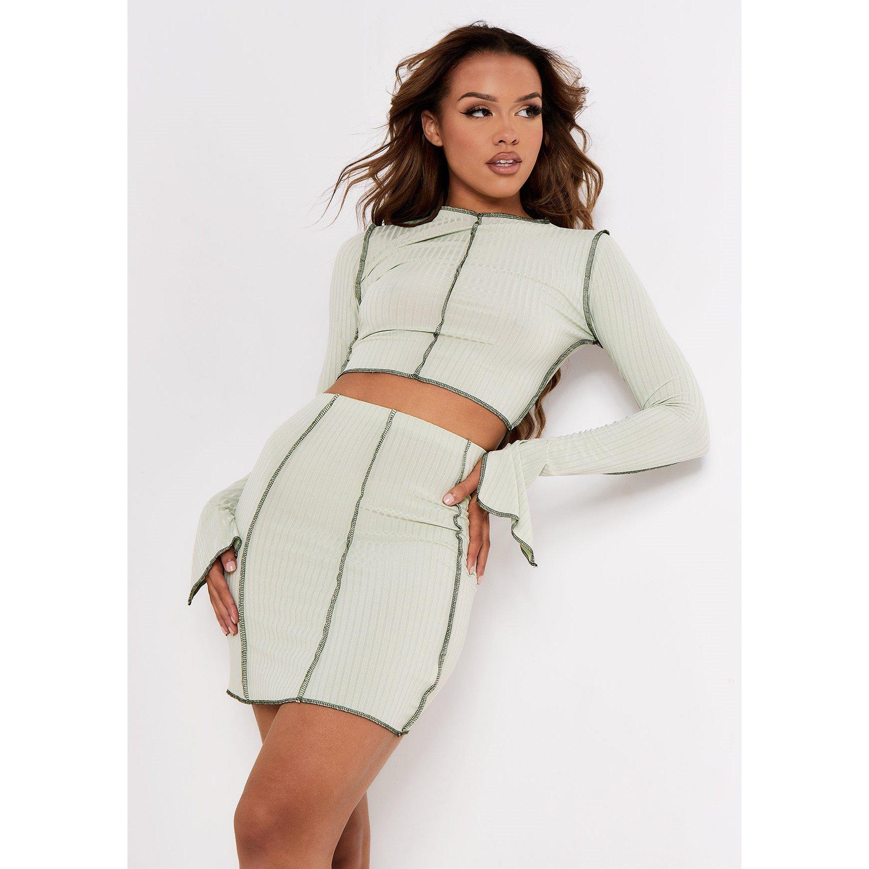 Missy Empire Women's Contrast Stitch Slit Sleeve Ribbed Crop Top - Sage - 4 (3XS)