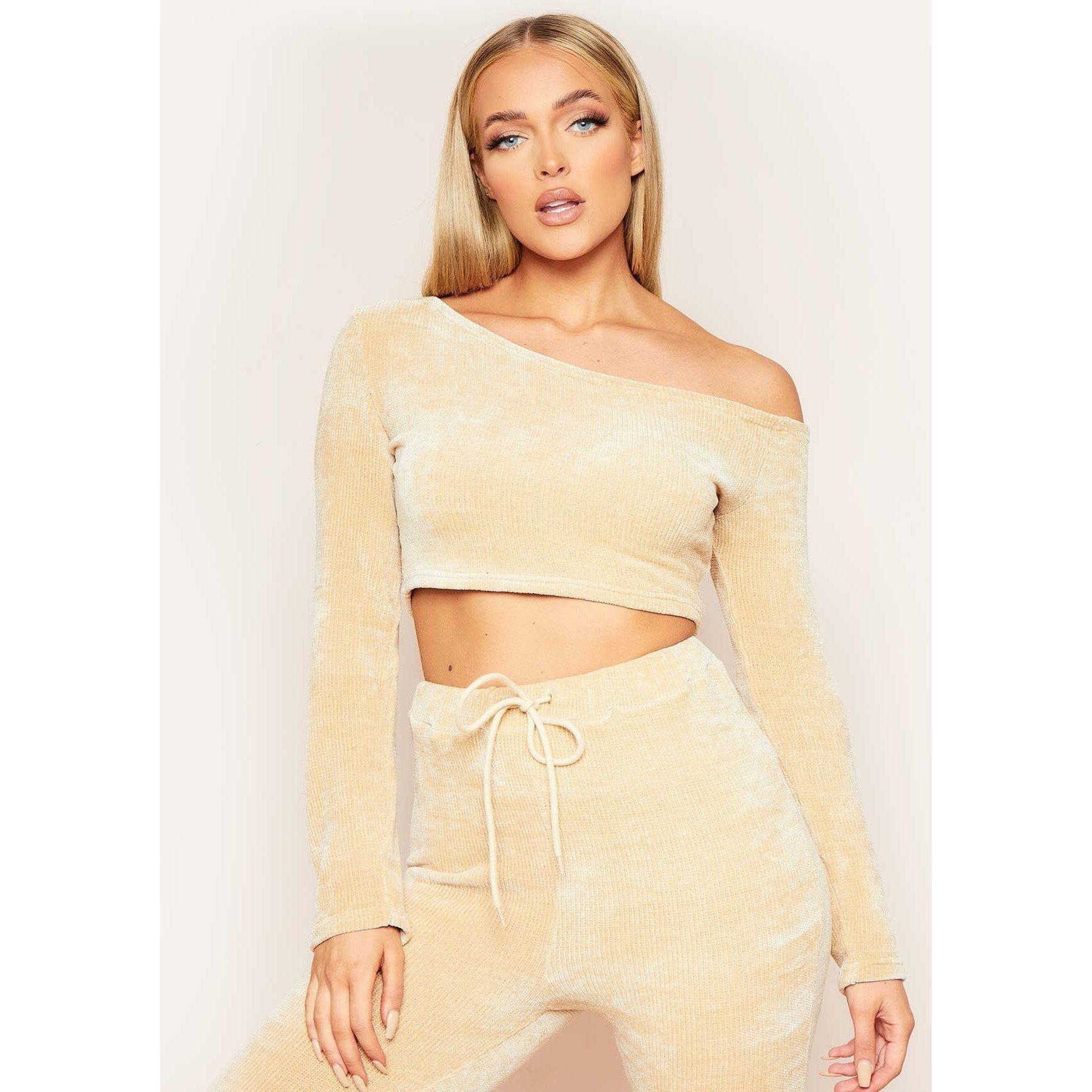 Beige - Missy Empire - Chenille Off Shoulder Cropped Jumper