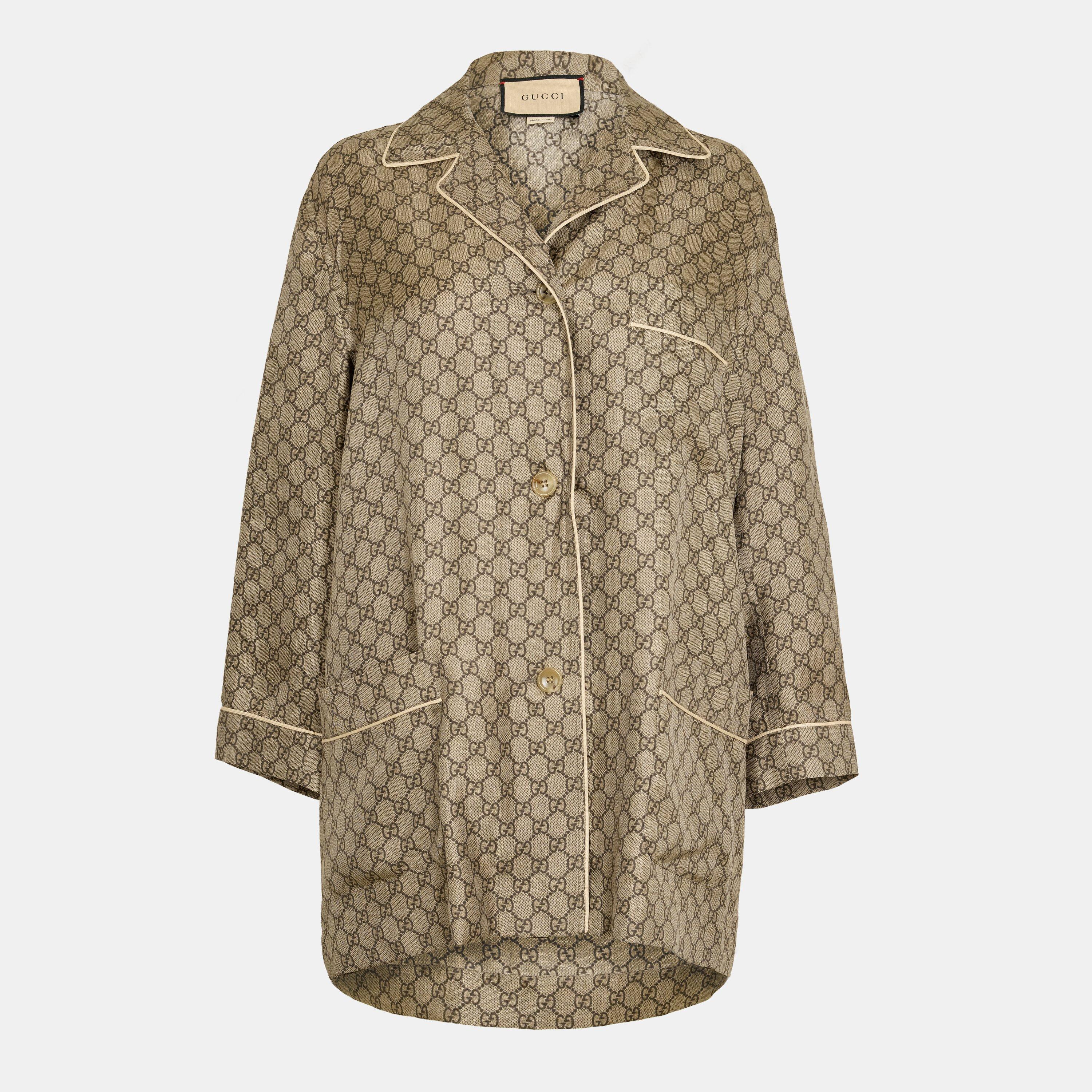 Gucci Women's Long Sleeve Patterned Shirt - Camel/Mix - Size 44 (UK 12)