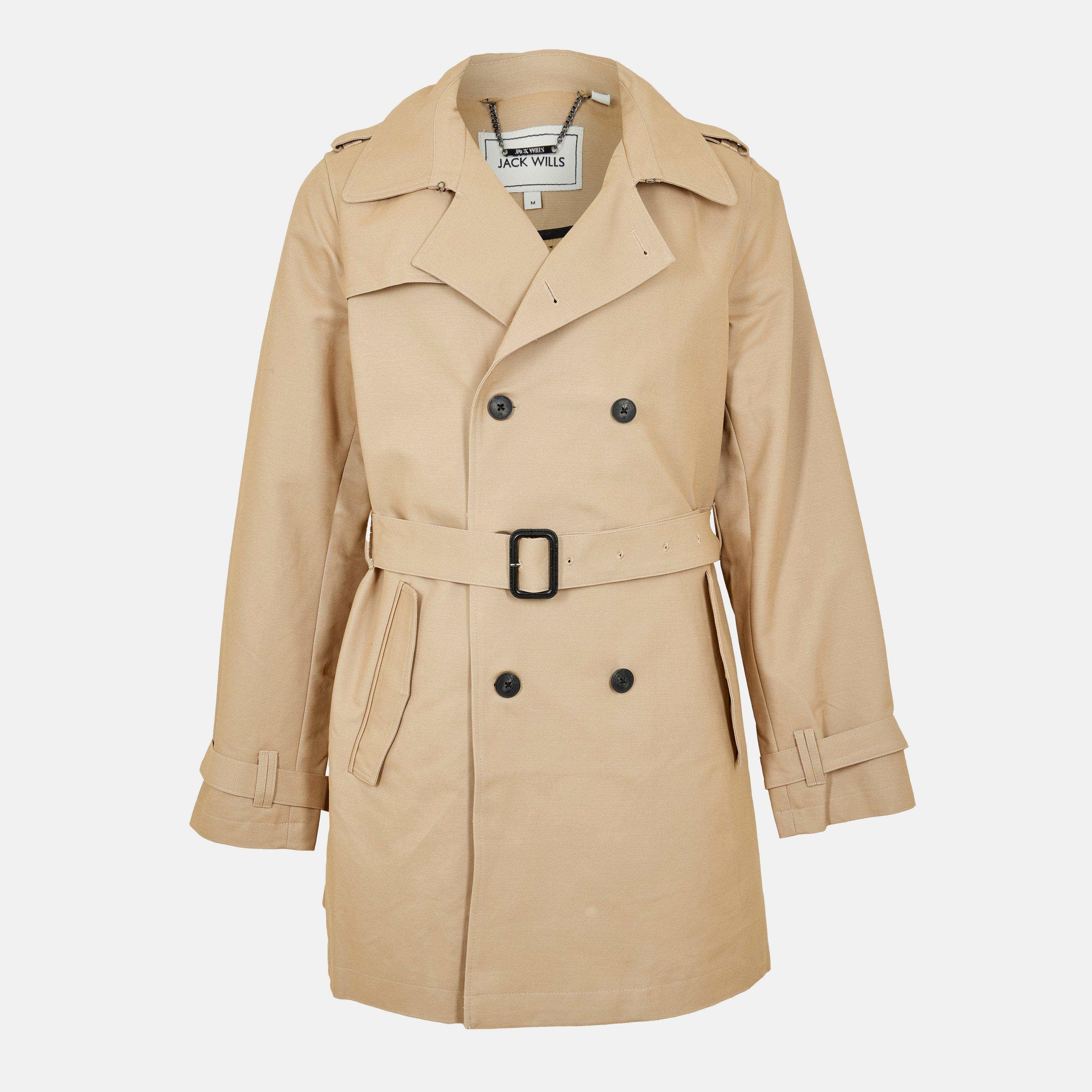 Jack Wills Men's Cotton Water Resistant Mid-Length Long Sleeve Trench Coat - Stone - M
