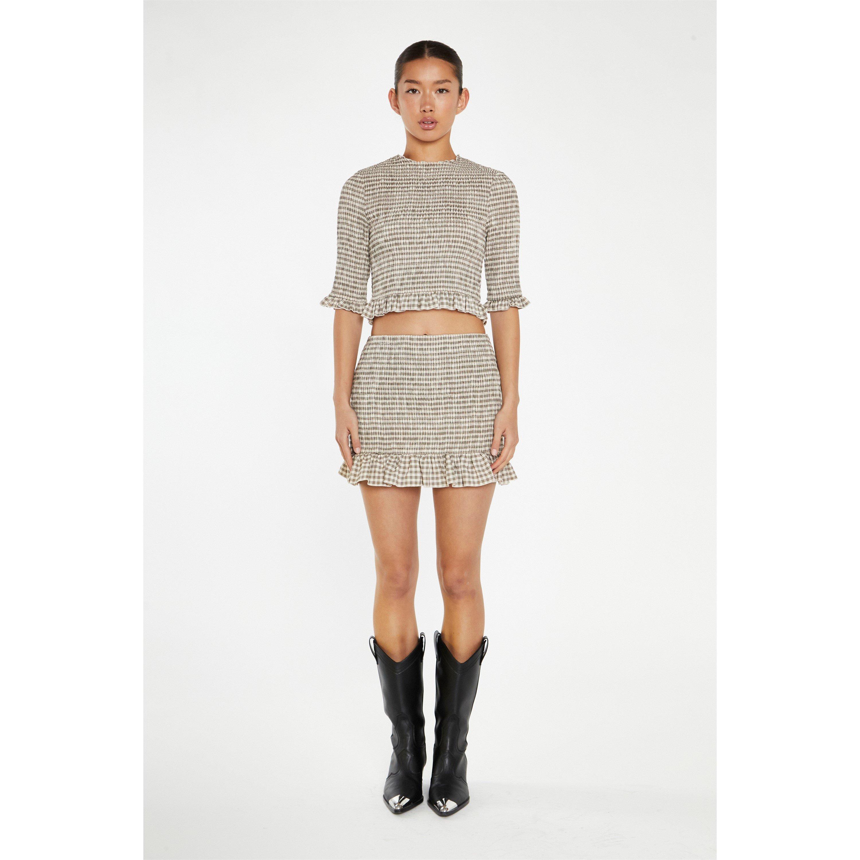 Beige - Glamorous - Beige-Black Check Shirred Mini-Skirt - 1