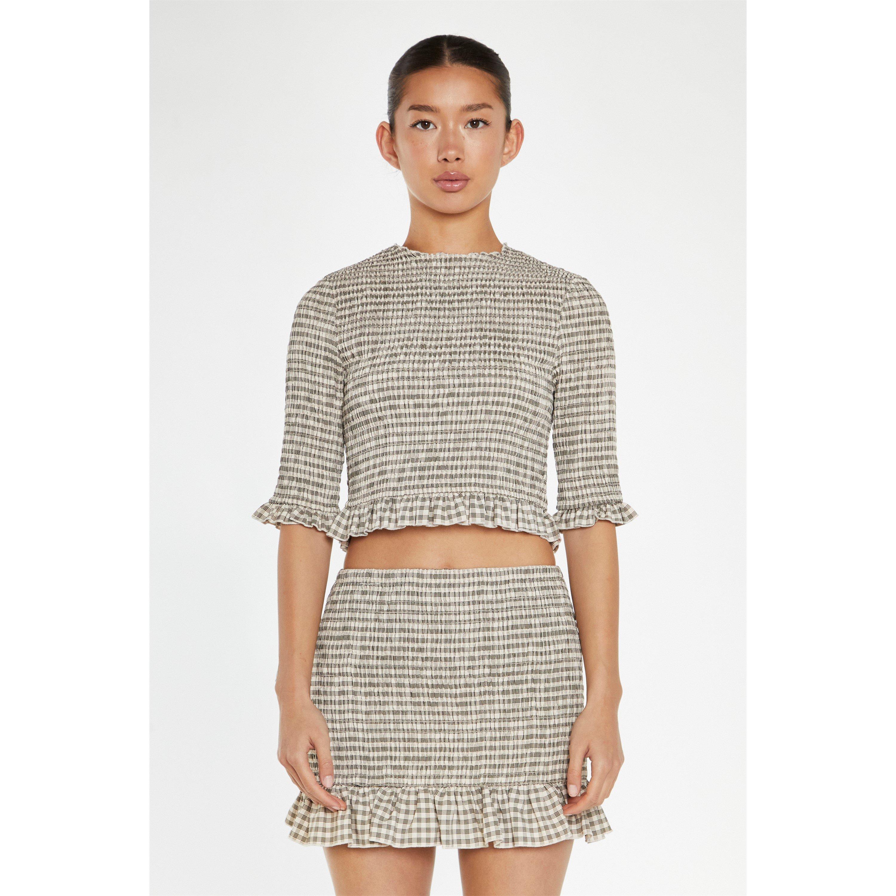 Beige - Glamorous - Beige-Black Check Shirred Mini-Skirt - 2