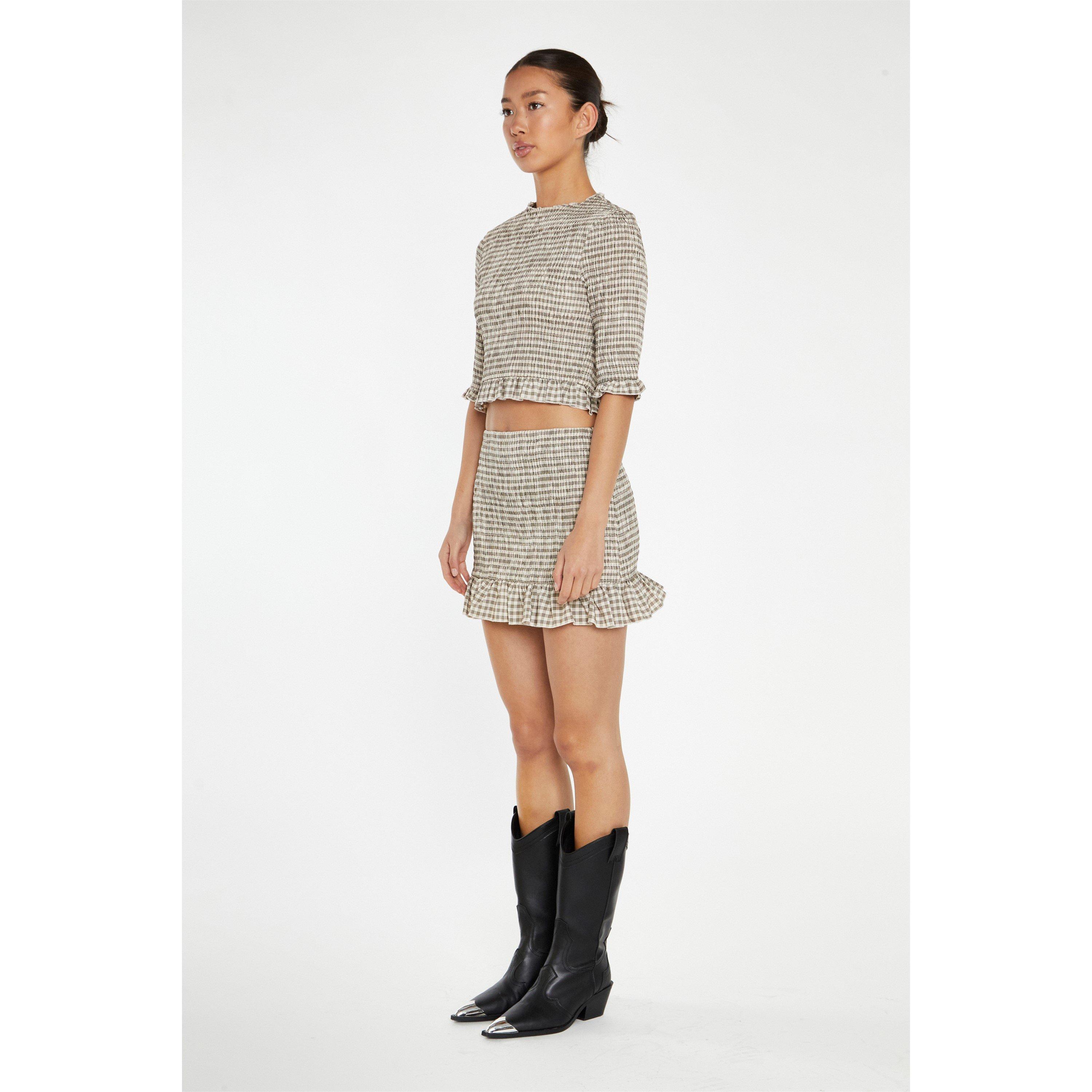 Beige - Glamorous - Beige-Black Check Shirred Mini-Skirt - 4