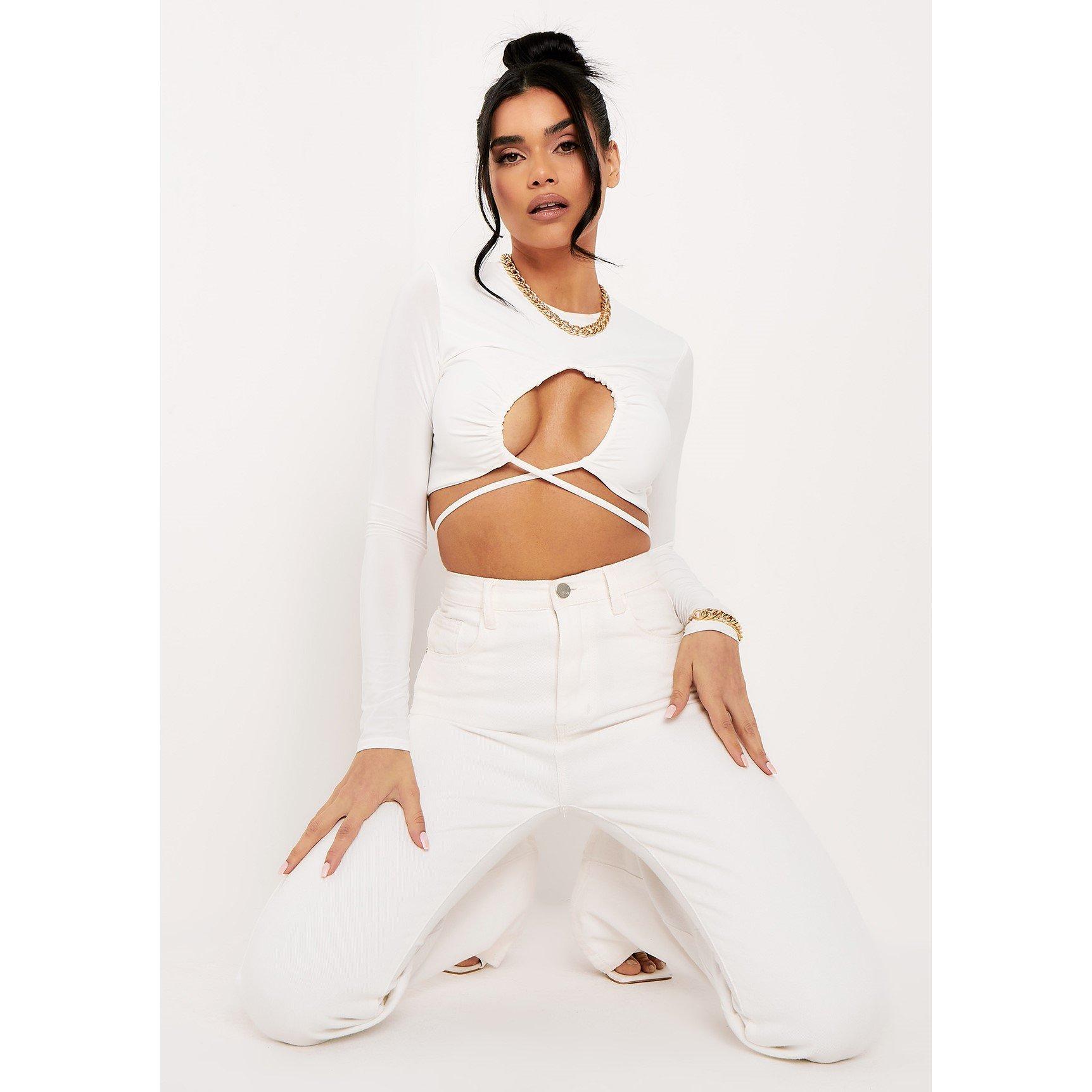 Ivory - Missy Empire - Slinky Ruched Front Tie Waist Crop Top