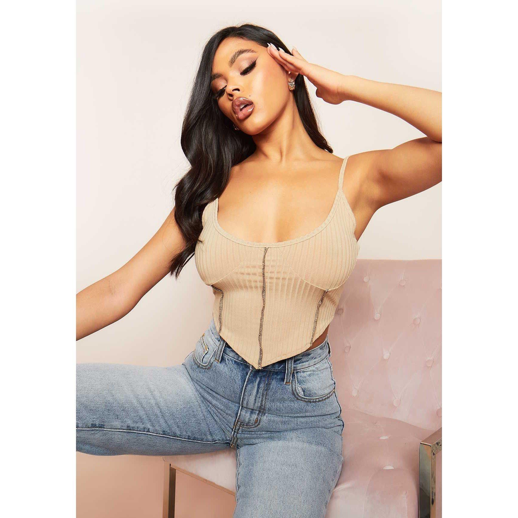 Missy Empire Women's Rib Contrast Stitch Corset Top - Nude - 8 (XS)