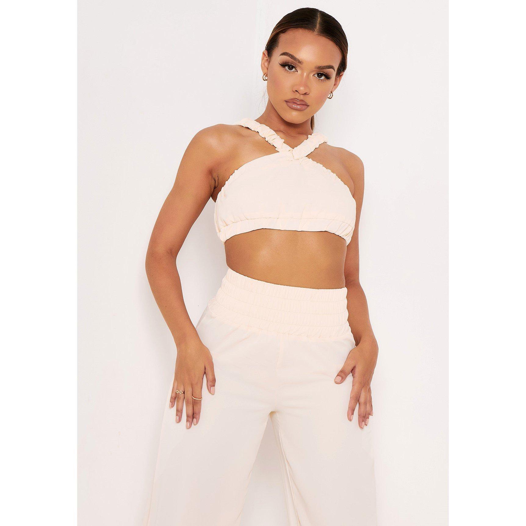 Cream - Missy Empire - Cross Strap Pleat Detail Crop Top