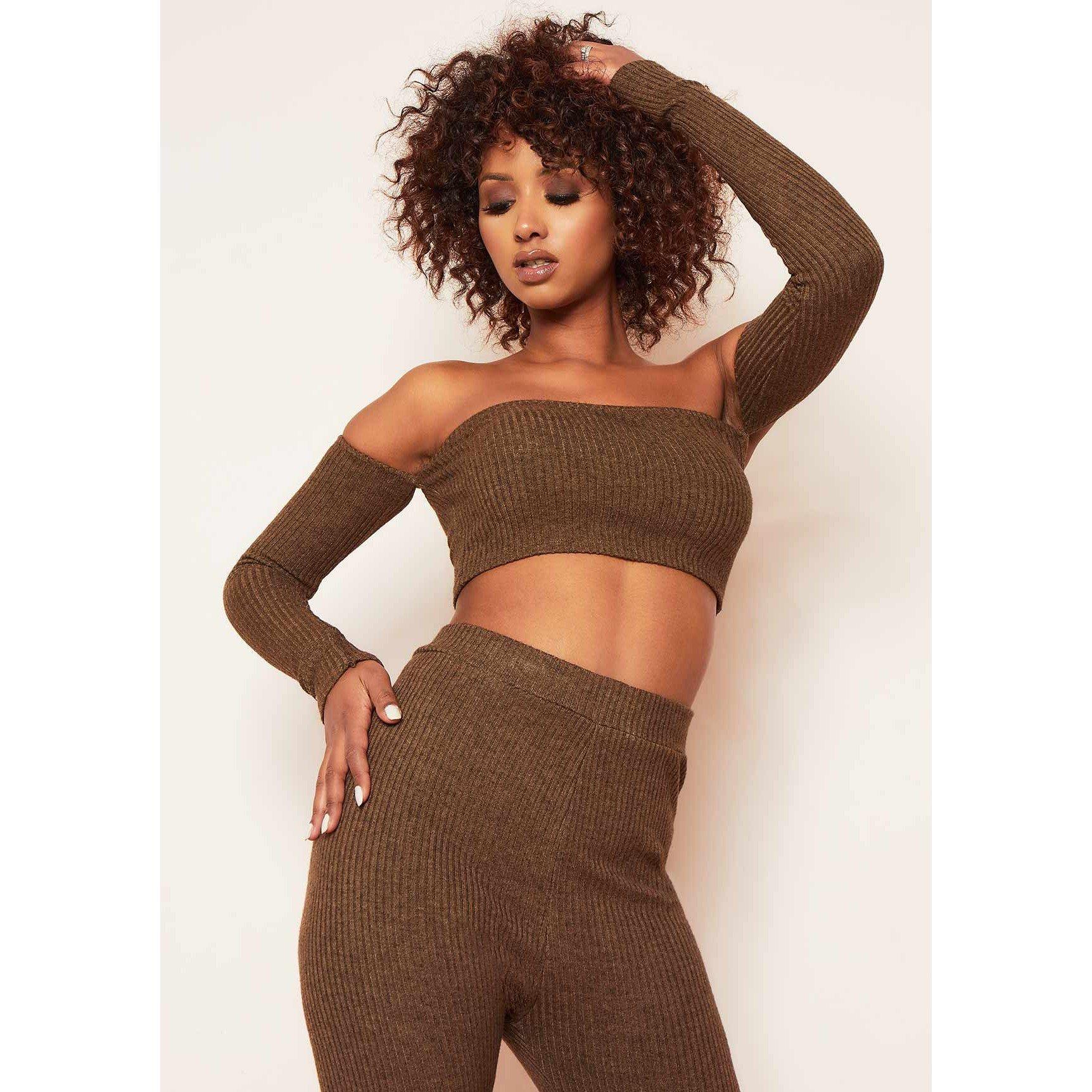 Missy Empire Women's Soft Rib Bardot Long Sleeve Crop Top - Chocolate - 8 (XS)
