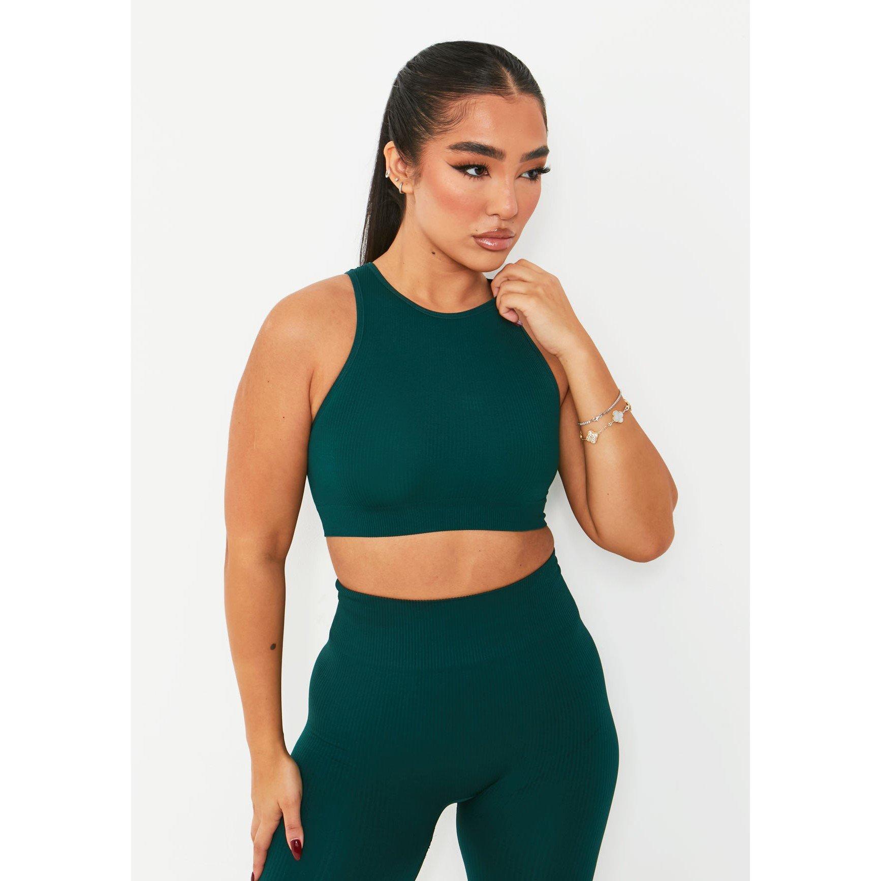 Missy Empire Women's Green Seamless Ribbed Racer Crop Top - 14 (L)