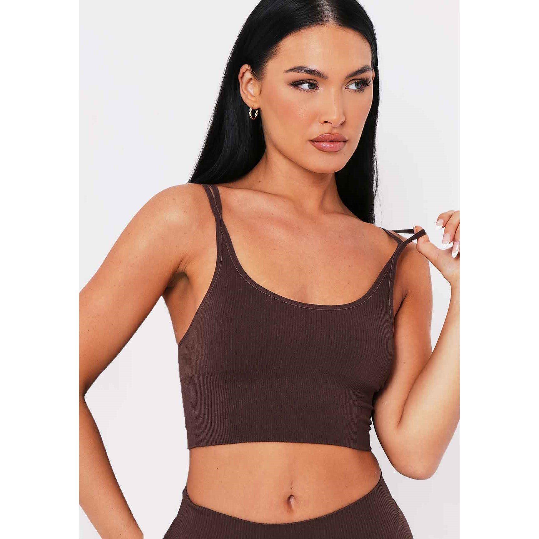Chocolate - Missy Empire - Seamless Ribbed Scoop Neck Double Strap Crop Top