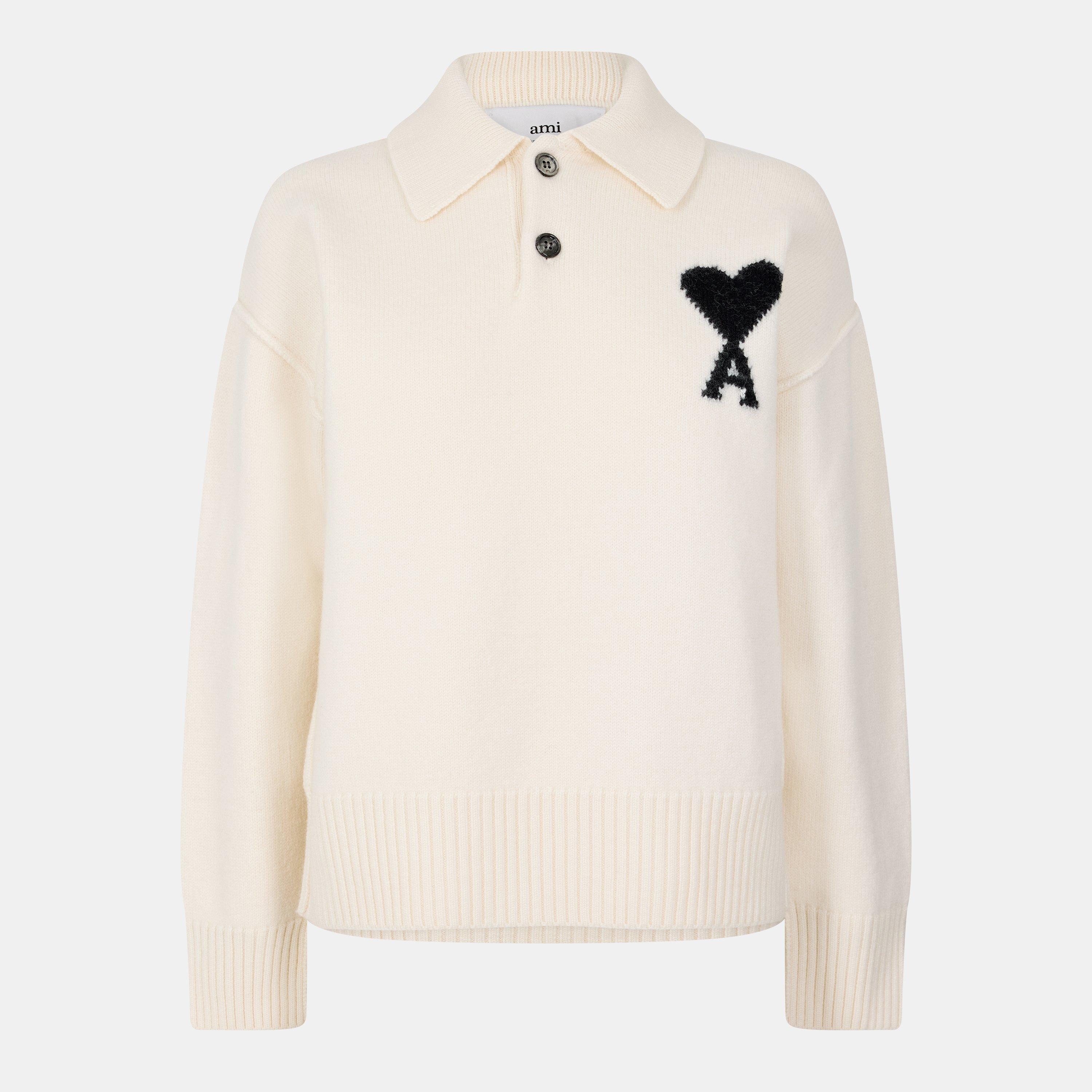 Ecru/Black - Ami Paris - Women's Knitted Long Sleeve Polo Shirt - 1