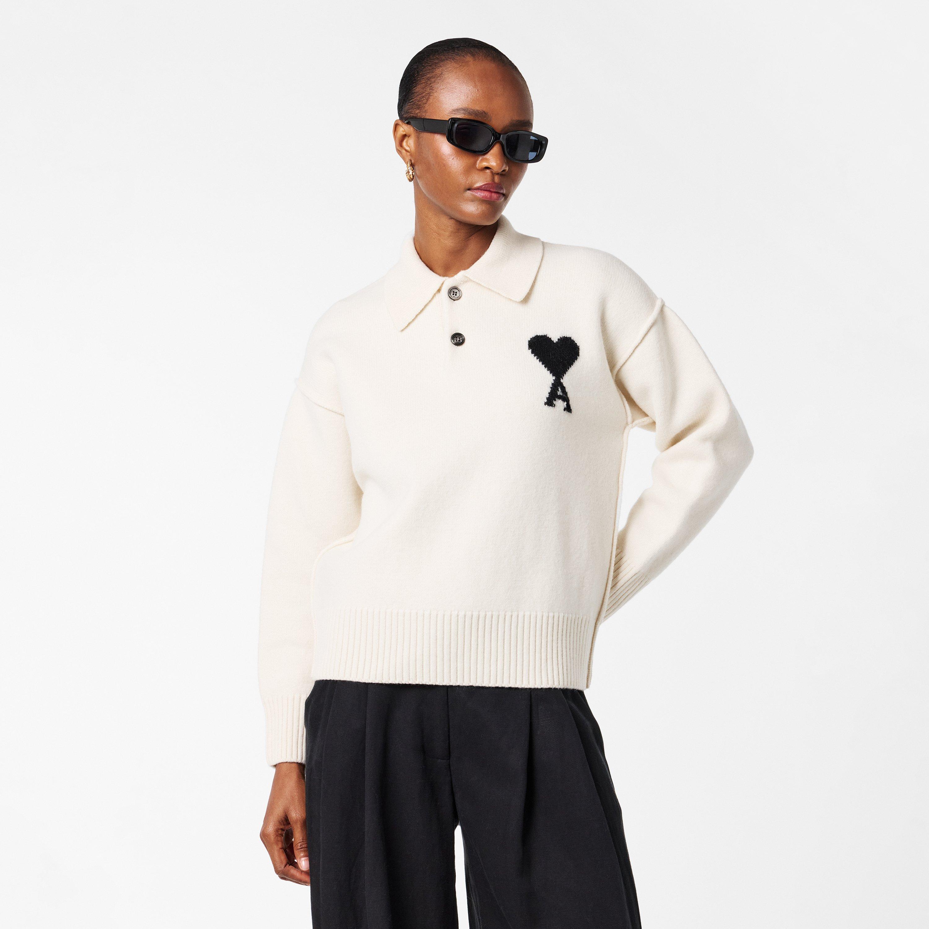 Ecru/Black - Ami Paris - Ami Knitted LS Polo Ld54 - 3