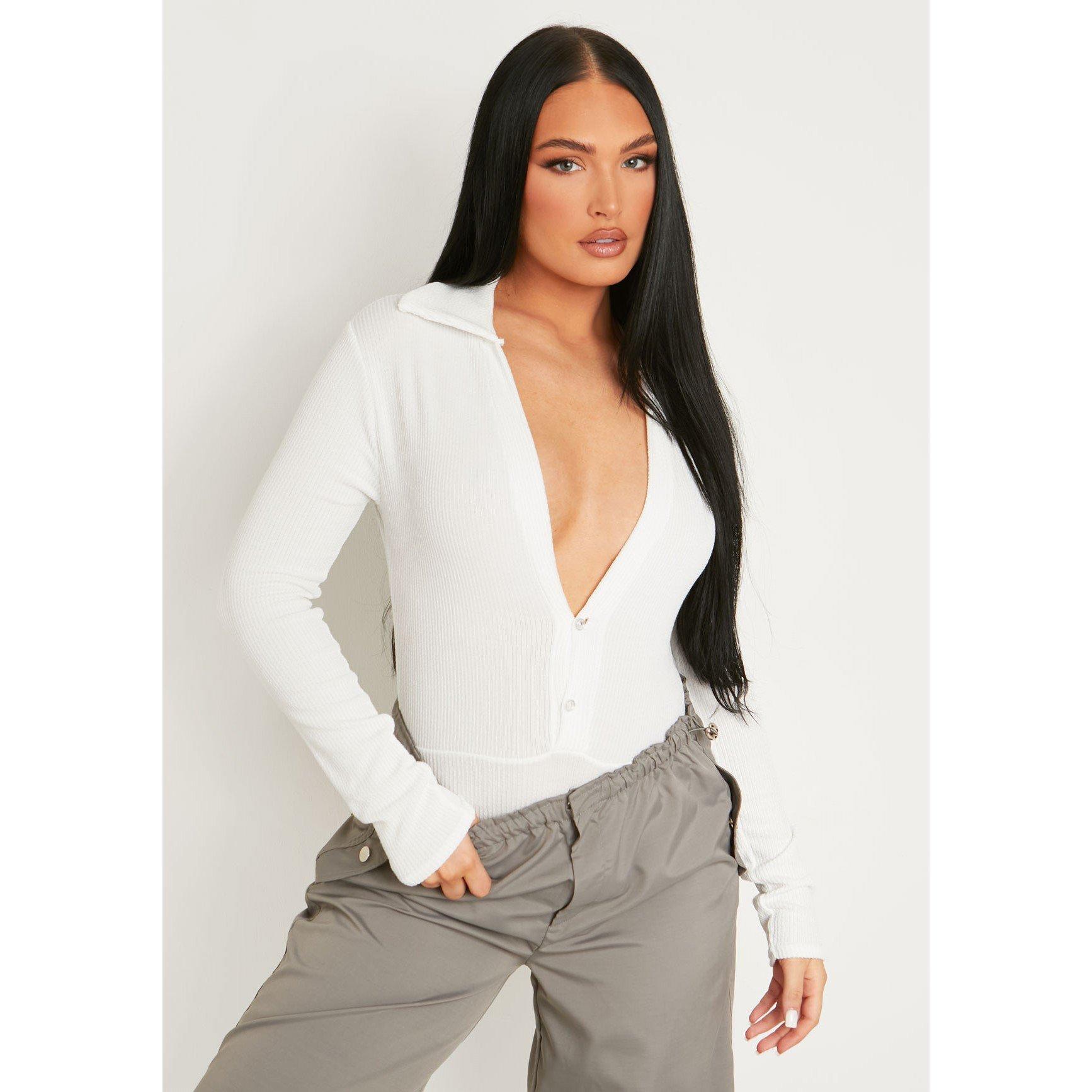Cream - Missy Empire - Knitted Plunge Button Detail Bodysuit