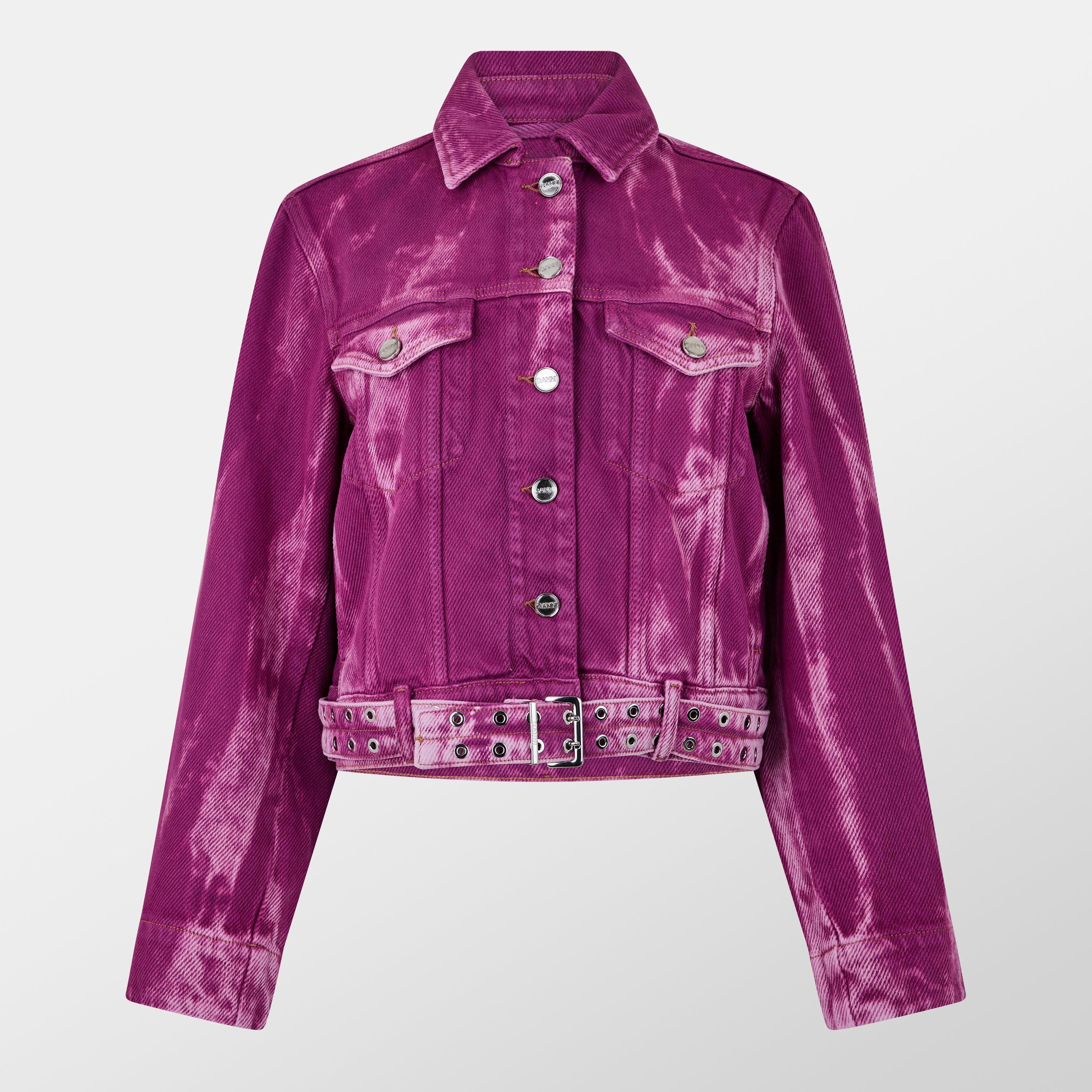 Boysenberry - Ganni - Women's Heavy Denim Belted Cotton Cropped Long Sleeve Denim Jacket - 1